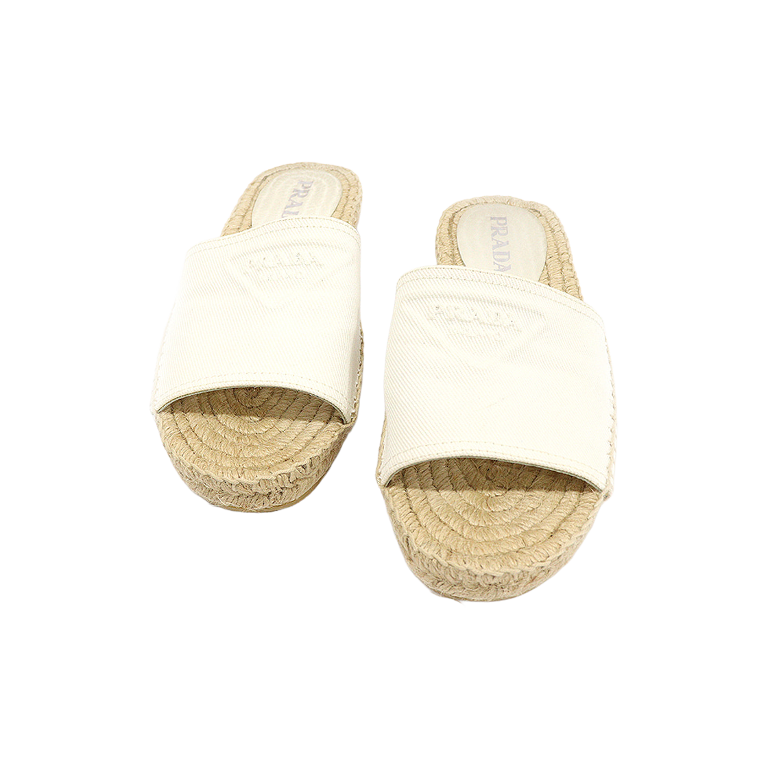 프라다 1XX619 화이트 캔버스 트라이앵글 로고 에스파듀 뮬 여성샌들 38(Prada White Canvas Triangle Logo Espadrille Mules for Women 38)
