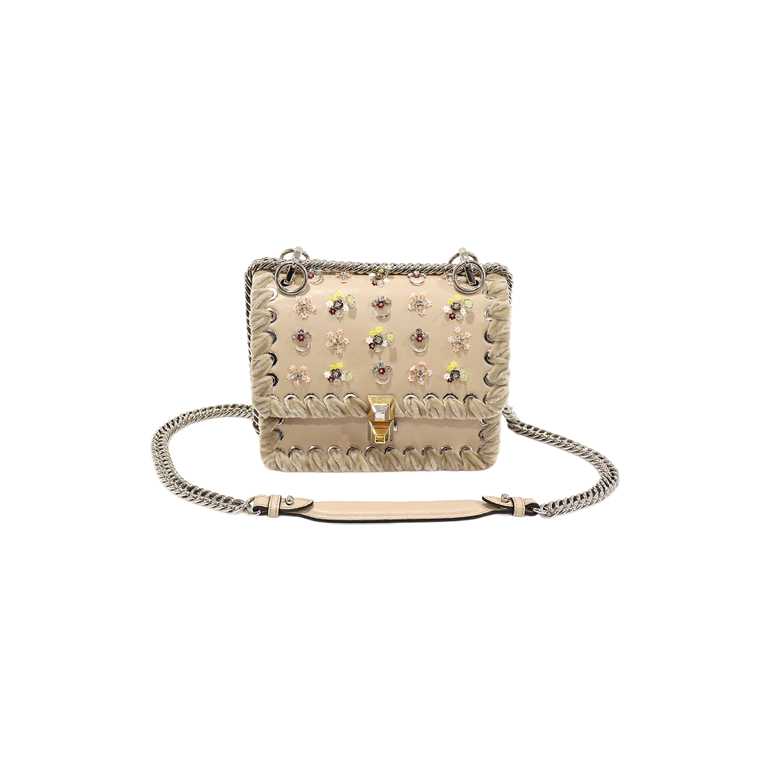 IT86CLDW3WQS Fendi 8M0381 Beige Calfskin Crystal Flower Whipstitch Can I Small Shoulder Bag