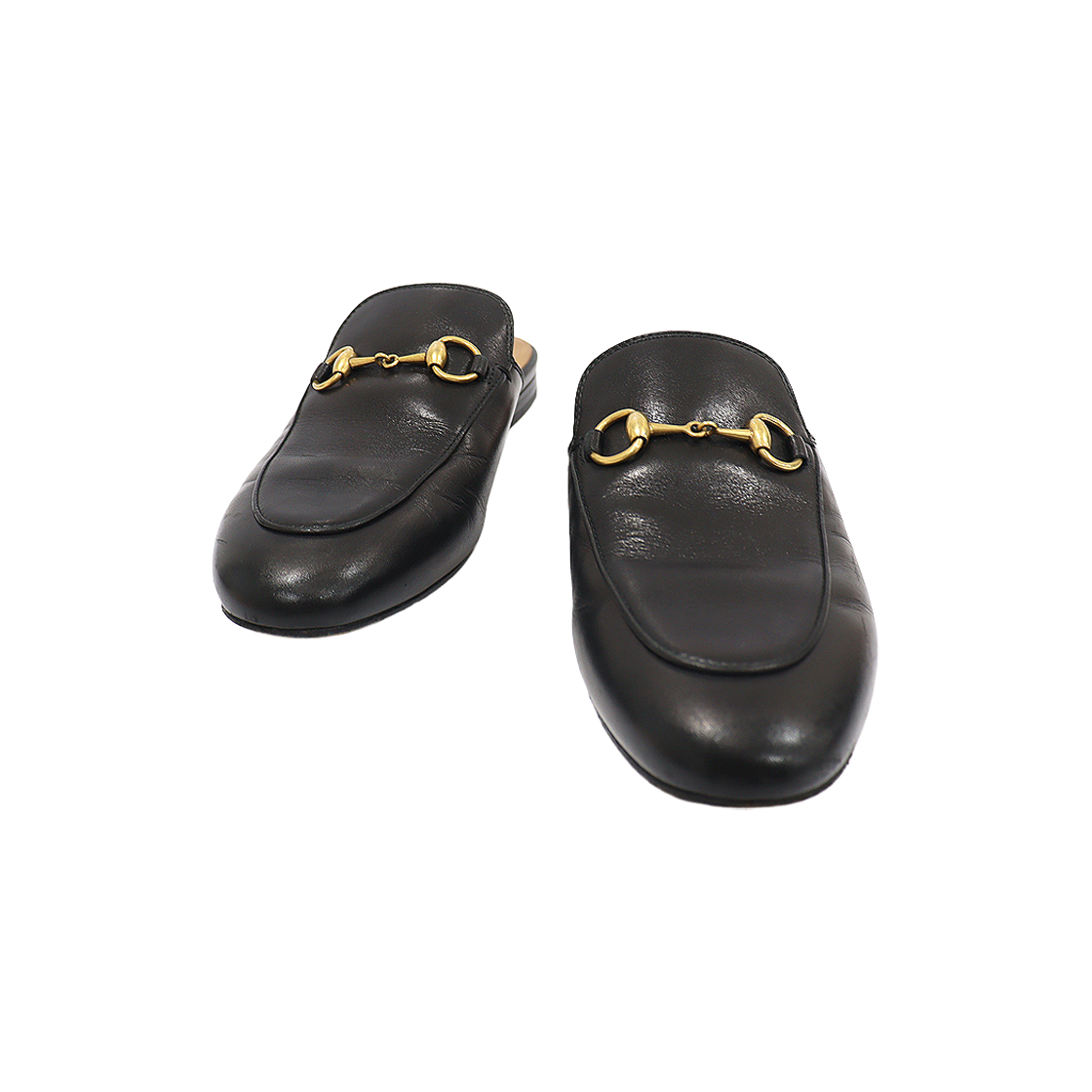 구찌 423513 블랙 레더 금장 홀스빗 프린스타운 뮬 블로퍼 여성 슬리퍼 36(Gucci 423513 Black Leather Gold Horsebit Princetown Mule Slippers for Women Size 36)