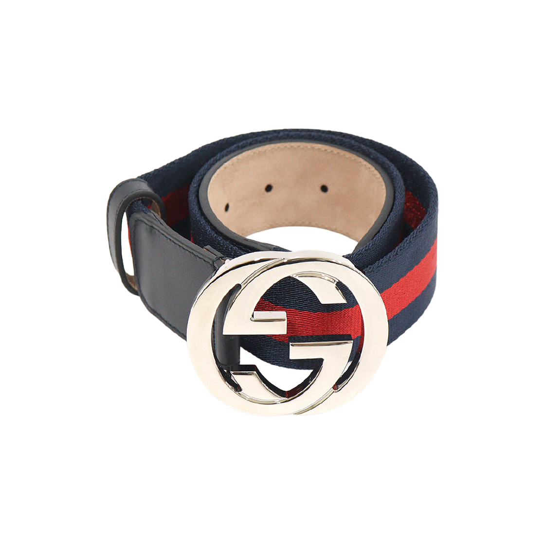 ITUK7UDCQEPE Gucci 411924 Navy Leather WEB Silver Interlocking G Buckle Women's Belt 75