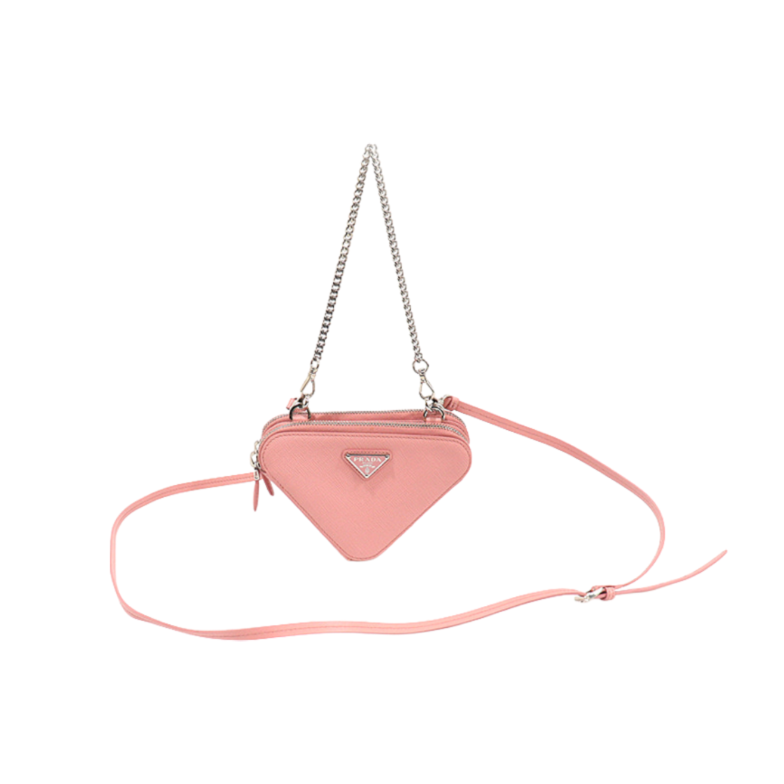 프라다 1NR015 핑크 사피아노 트라이앵글 미니 파우치 2WAY(Prada Pink Saffiano Triangle Mini Pouch 2-Way)