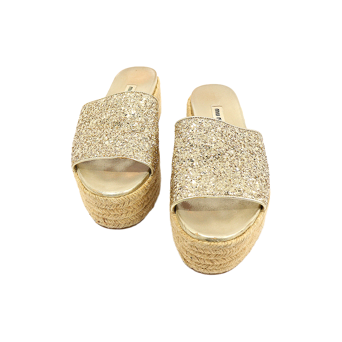 미우미우 5XX047 메탈릭 골드 글리터 에스파듀 플랫폼 슬라이드 여성샌들 37.5(Miu Miu Metallic Gold Glitter Espadrille Platform Slide Sandals 37.5)