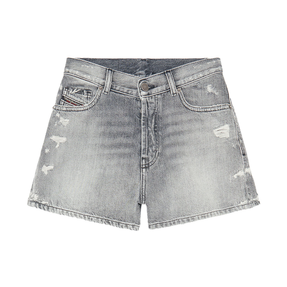 (W) 디젤 드-헬리오스 데님 쇼츠 위드 프레이드 헴스 그레이((W) Diesel De-Helios Denim Shorts with Frayed Hems Grey)