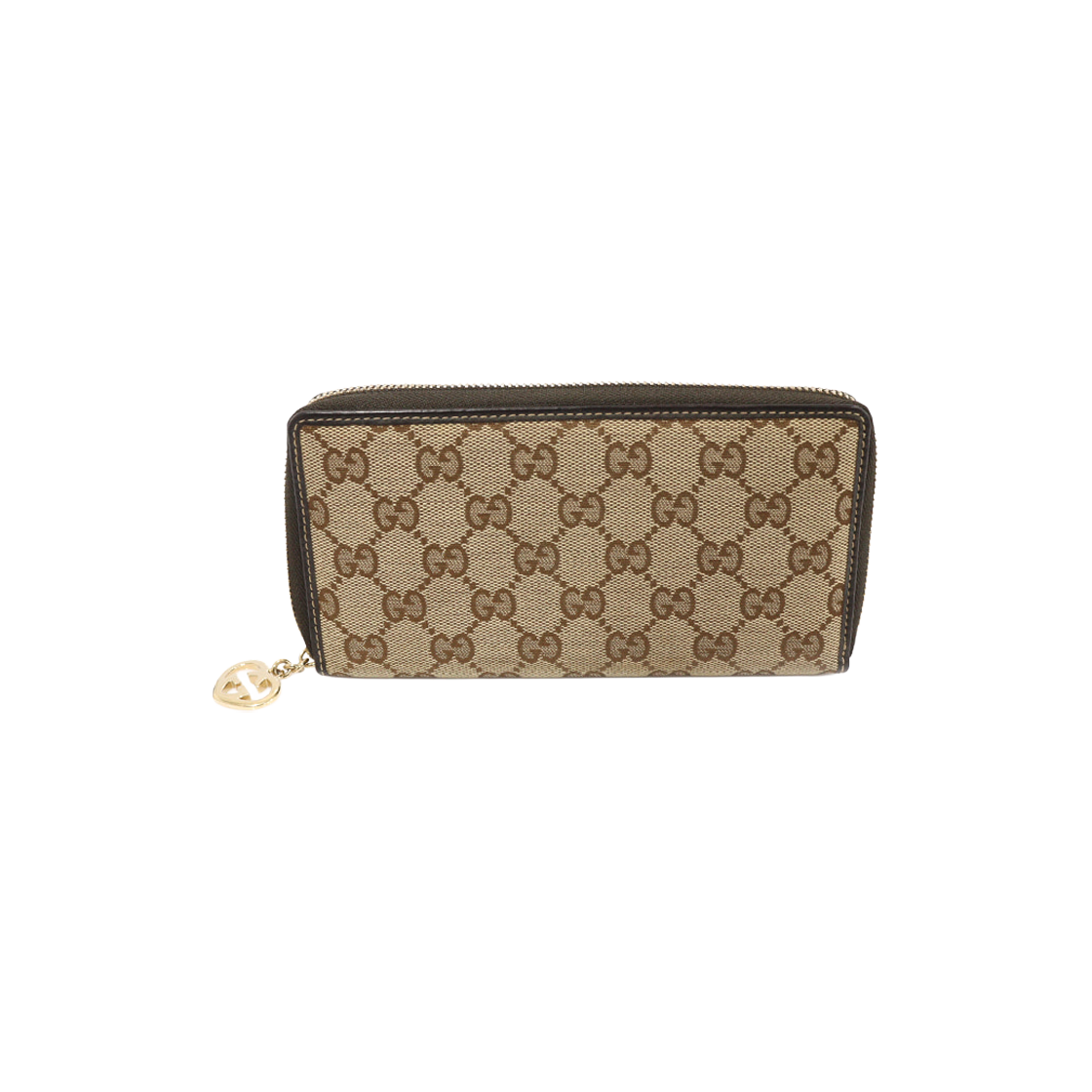 IT9J7O2SRIE5 Gucci GG Logo Jacquard Brown Leather Heart Charm Zip Wallet