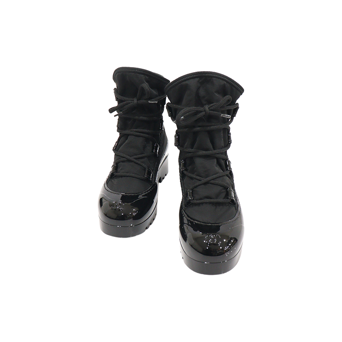 ITCEV3VV97LC Chanel Black Patent Nylon Platform Lace-Up Women's Snow Ankle Boots Size 36