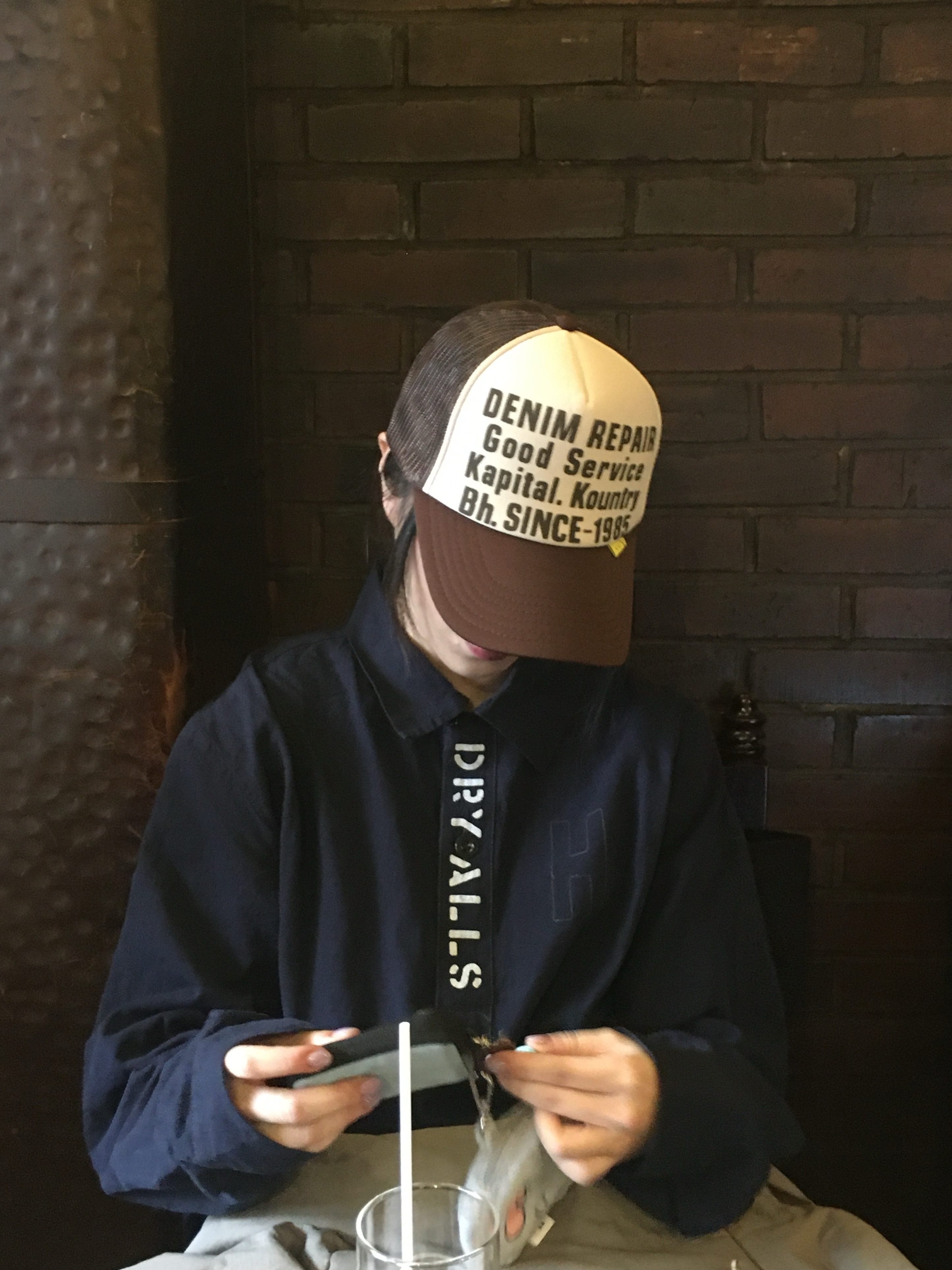 Human Made Pullover Shirt Navy, Kapital Denim Repair Track Cap Kinari Brown 착용 스타일 - 1