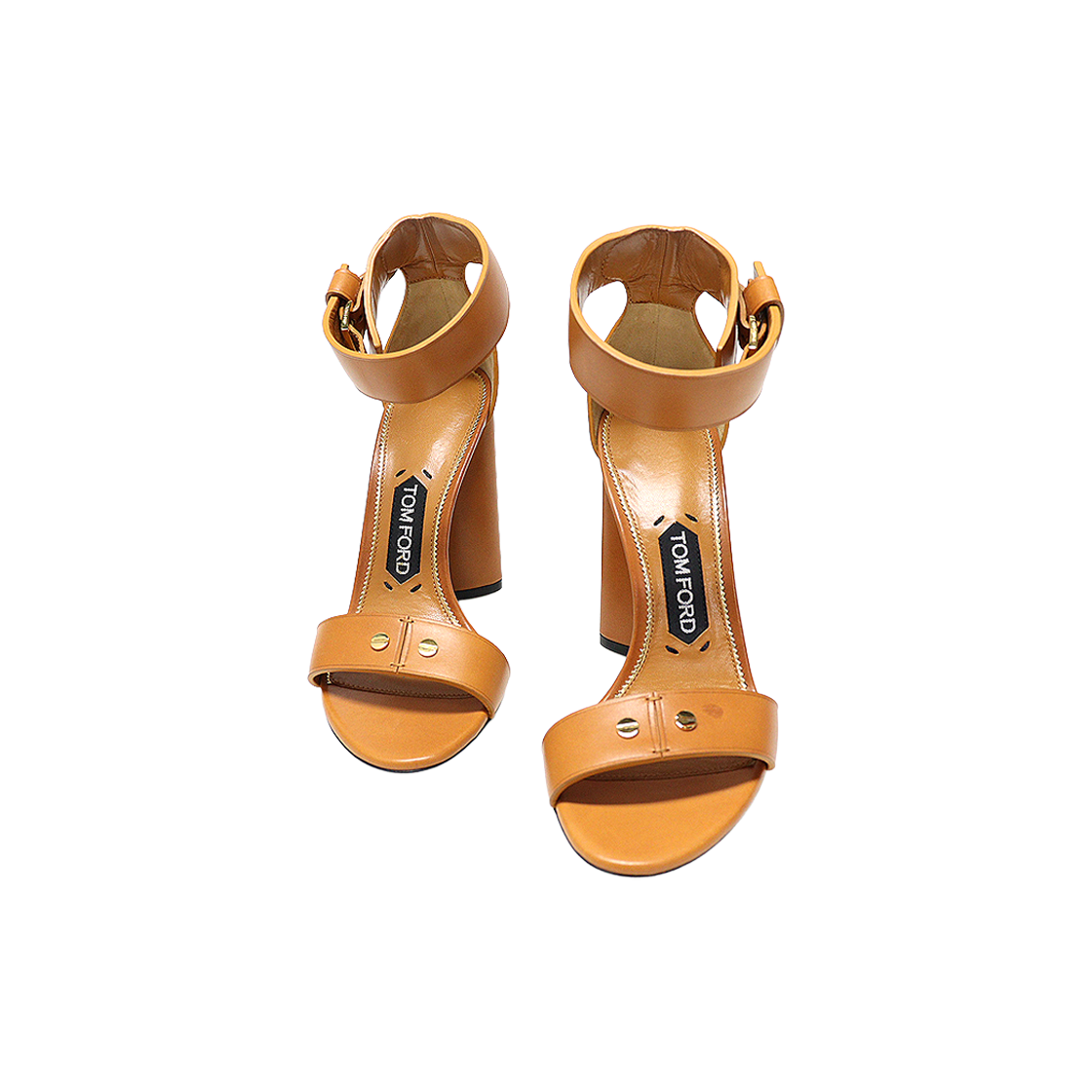 IT6JHODS2ASC Tom Ford W2063T Brown Leather Gold Open-Toe Block Heel Sandals Size 37