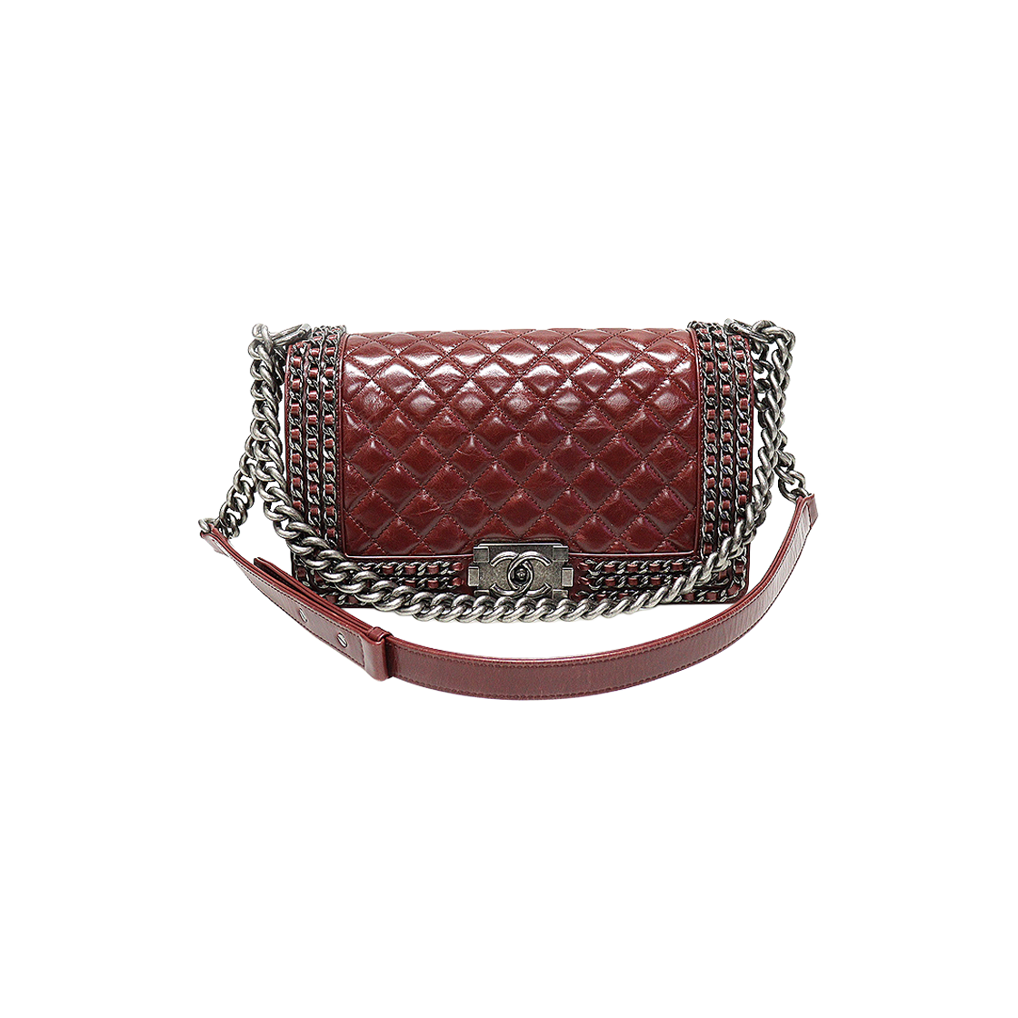 샤넬 A67086 버건디 카프스킨 체인 어라운드 보이 샤넬 미듐 플랩 숄더백 (23번대)(Chanel A67086 Burgundy Calfskin Chain Around Boy Medium Flap Shoulder Bag (23 Series))