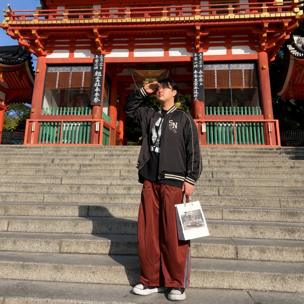 Needles H.D. Track Pant Poly Smooth Rust, GU x Undercover Satin Rib Blouson Black 착용 스타일 - 1