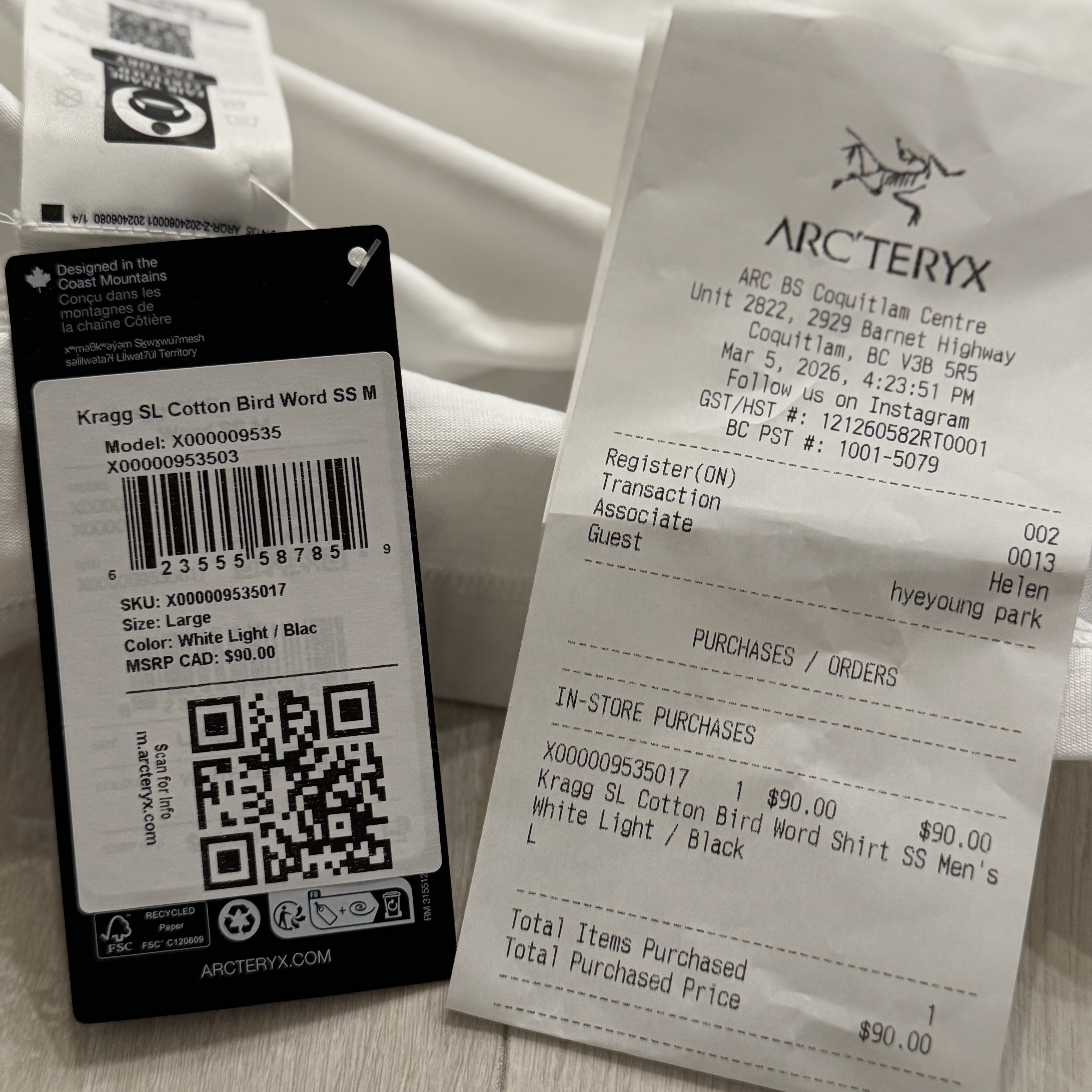 Arc'teryx Kragg SL Cotton Bird Word SS T-Shirt White Light Black 착용 스타일 - 2