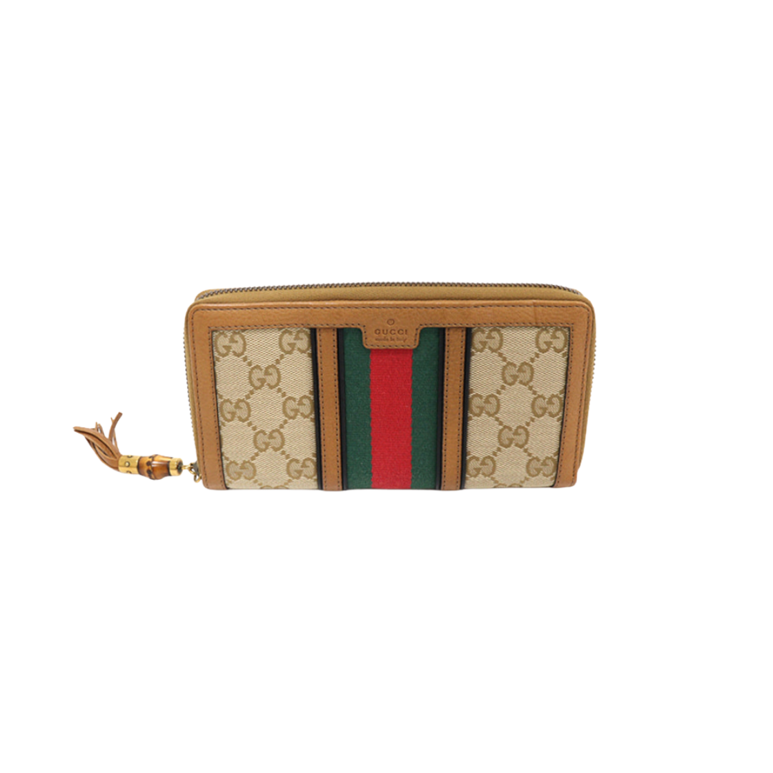 ITB8G5HTNREO Gucci 353651 GG Logo Jacquard Web Bamboo Tassel Zip Wallet