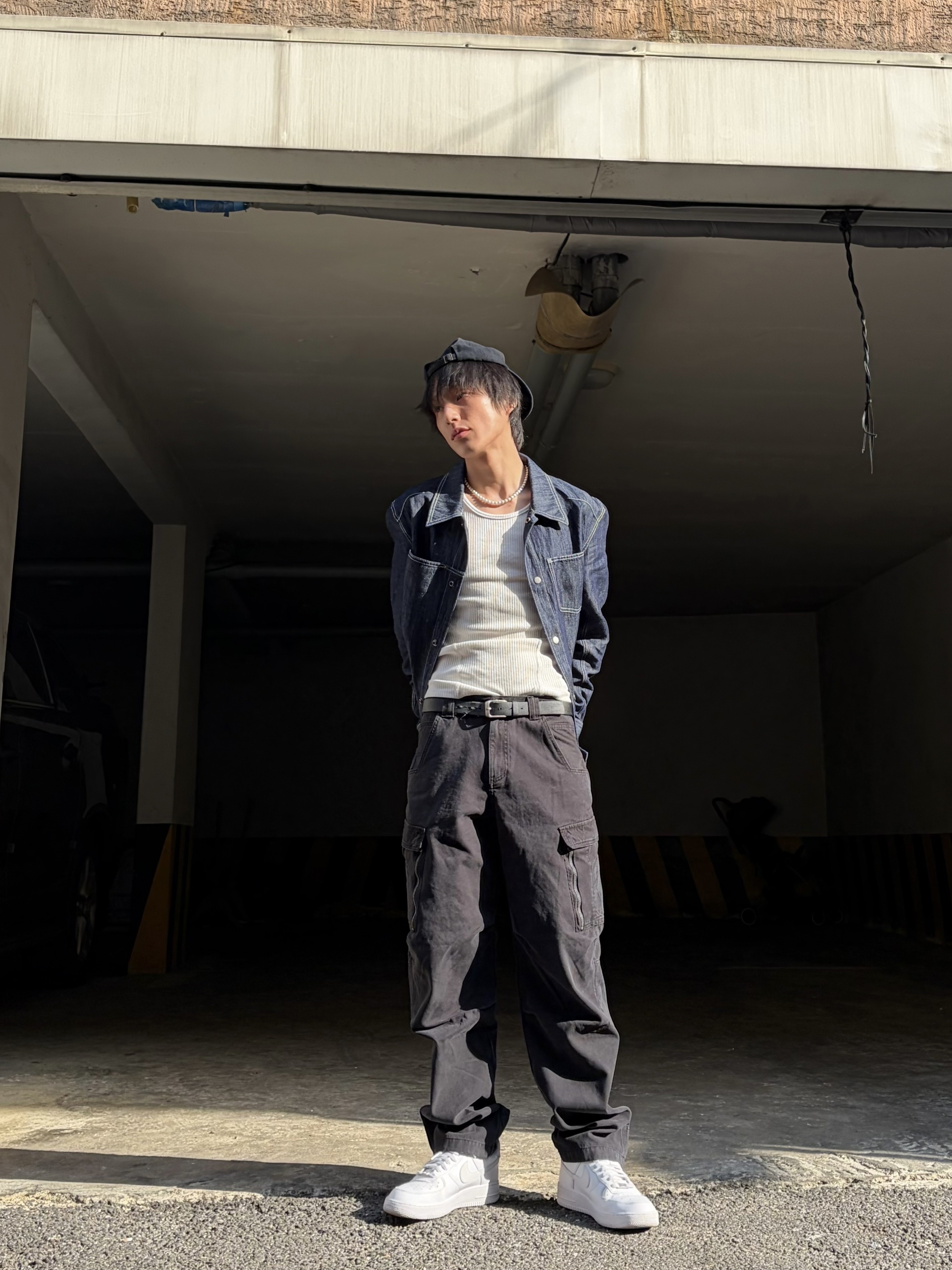 CHOWOO Linen Engineered Jacket Indigo, CHOWOO Mixed Fabric m65 Pants Washed Black 착용 스타일 - 3