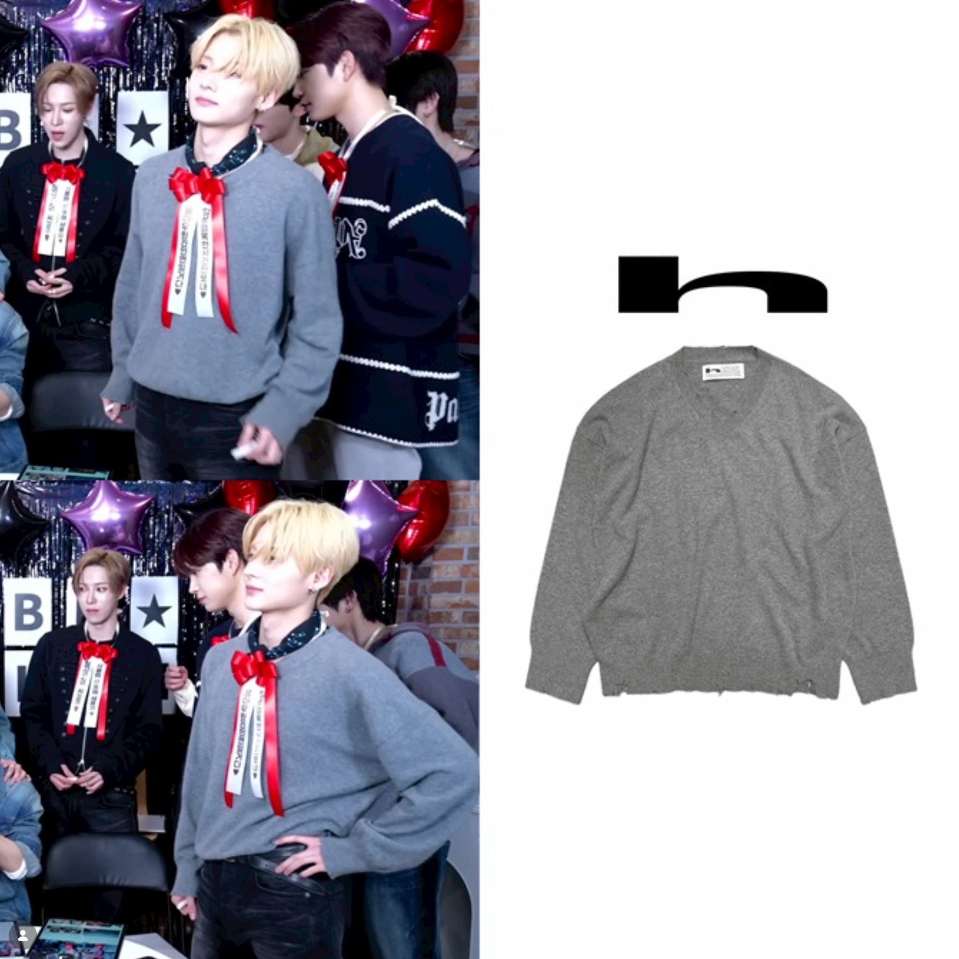 Hommless Distressed V-Neck Knit Grey 착용 스타일