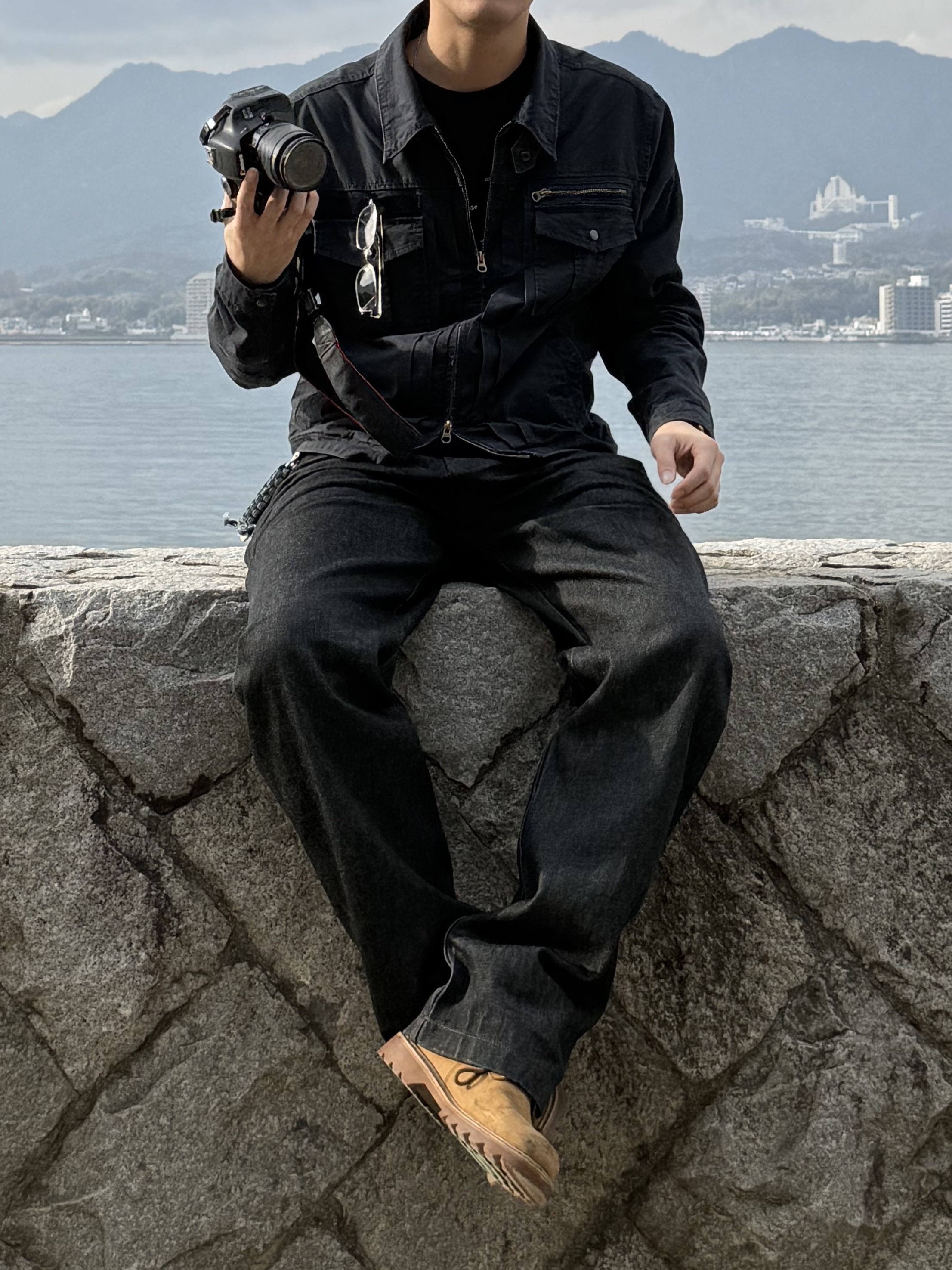 CHOWOO Vintage Washed 5 Pockets Work Jacket Washed Navy, CHOWOO 4 Panel Cargo Pockets Herringbone Twill Pants Khaki 착용 스타일 - 3