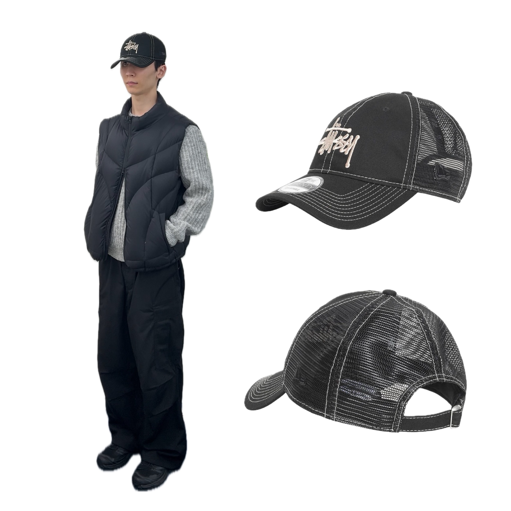 Stussy New Era 9twenty Basic Trucker Black 착용 스타일
