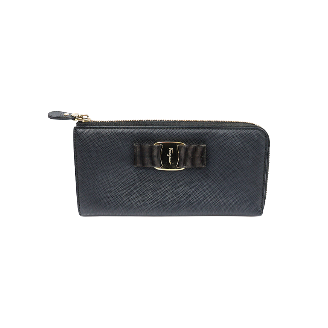 페라가모 22 C124 블랙 사피아노 레더 금장 바라 하프짚 컨티넨탈 장지갑(Salvatore Ferragamo 22 C124 Black Saffiano Leather Gold-tone Vara Half-Zip Continental Wallet) - 1