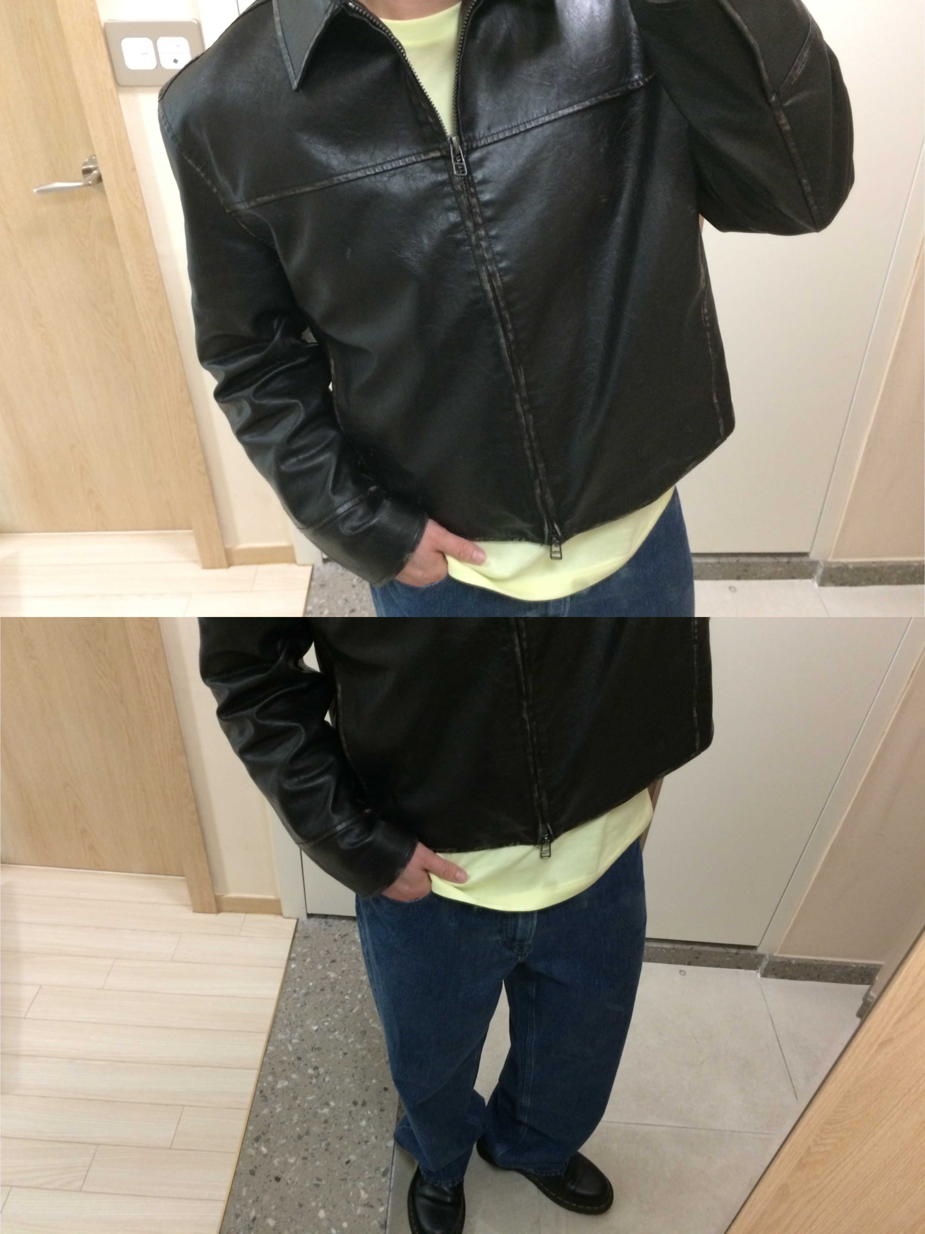 Dr. Martens 1461 Smooth Black, Zara Leather Jacket Black 착용 스타일 - 2