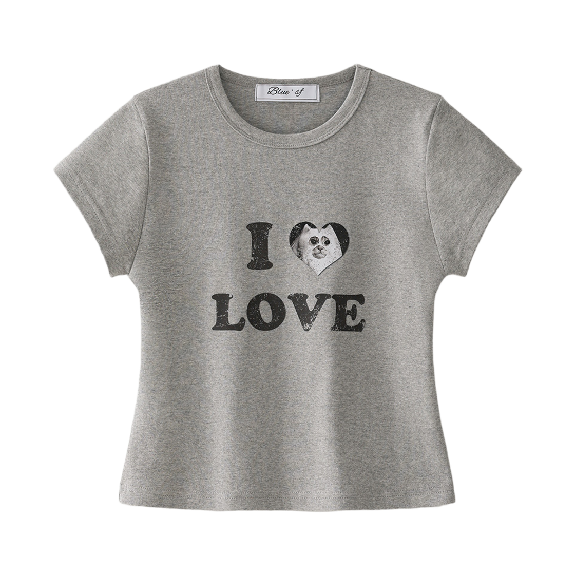 블루 선플라워 아이 러브 캣 크롭 티 멜란지 그레이(Blue Sunflower 'I Love Cat' Crop Tee Melange Grey)