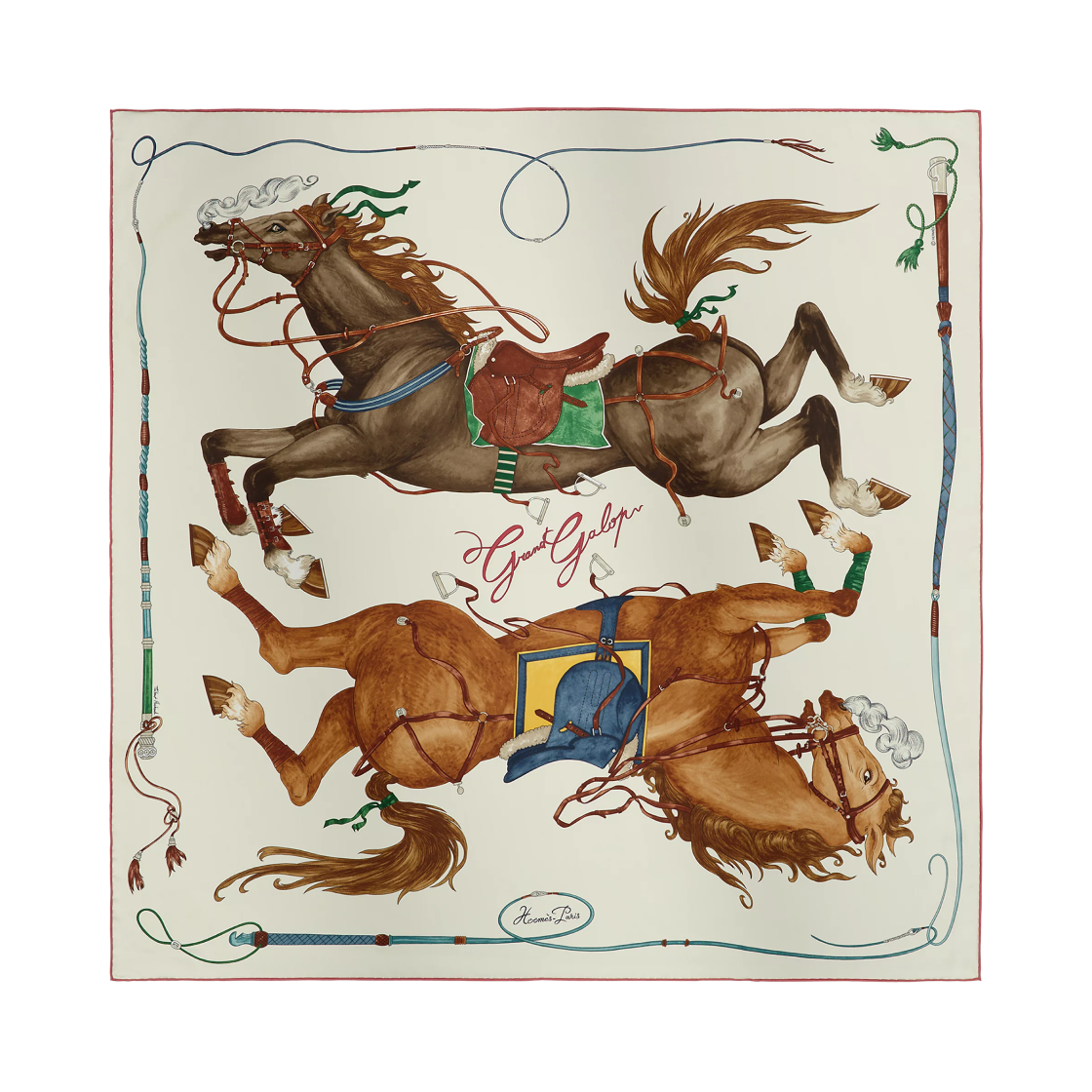 H004311S02 (W) Hermes Grand Galop Scarf 90 Silk Twill & Creme Cuir Vert