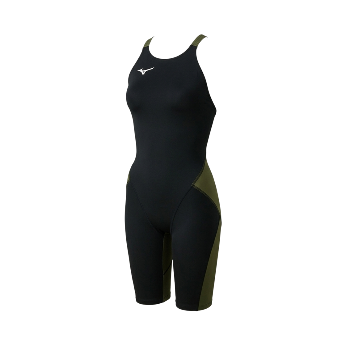 (키즈) 미즈노 GX 소닉 스트림 경영용 레이스 오픈 백 하프 수트 블랙 올리브((Kids) Mizuno GX Sonic Stream Competitive Swimming Half Suit Race Open Back Black Olive)