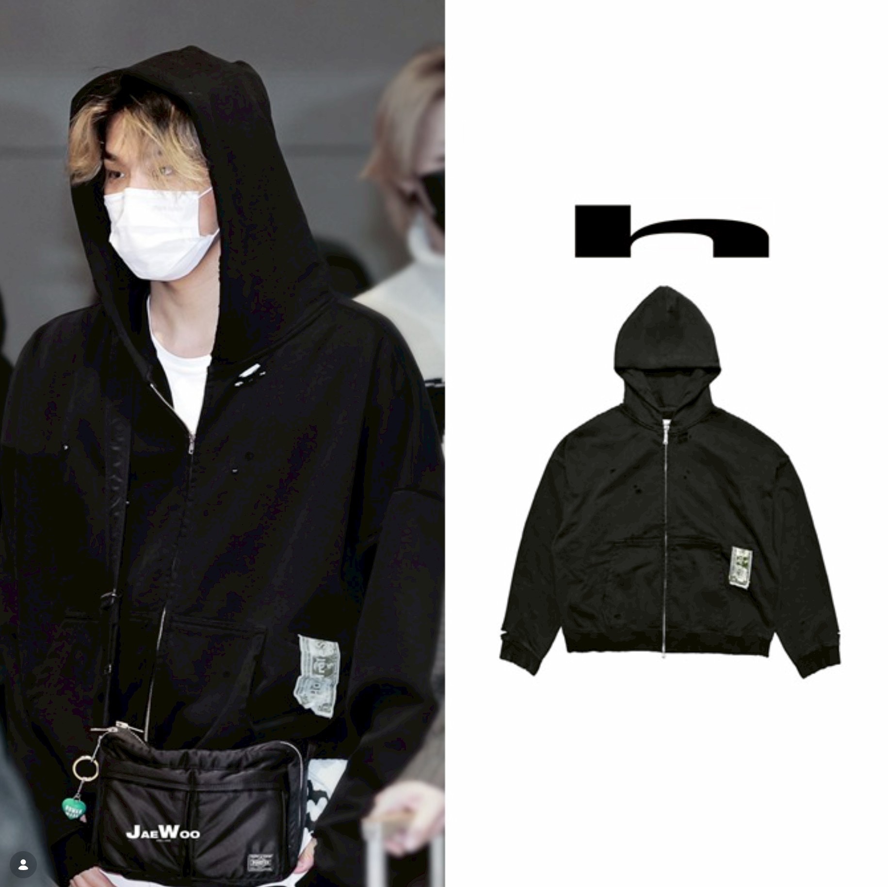 Hommless Bill Pocket  Zip Up Hoodie Black 착용 스타일