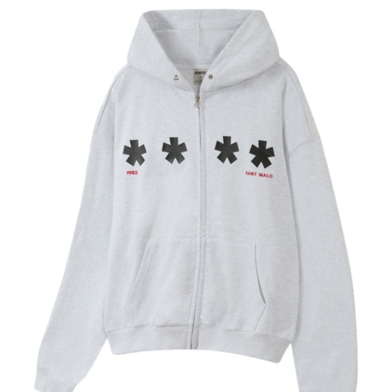 AMOU Square Star Hoodie Zip Up White Melange 착용 스타일