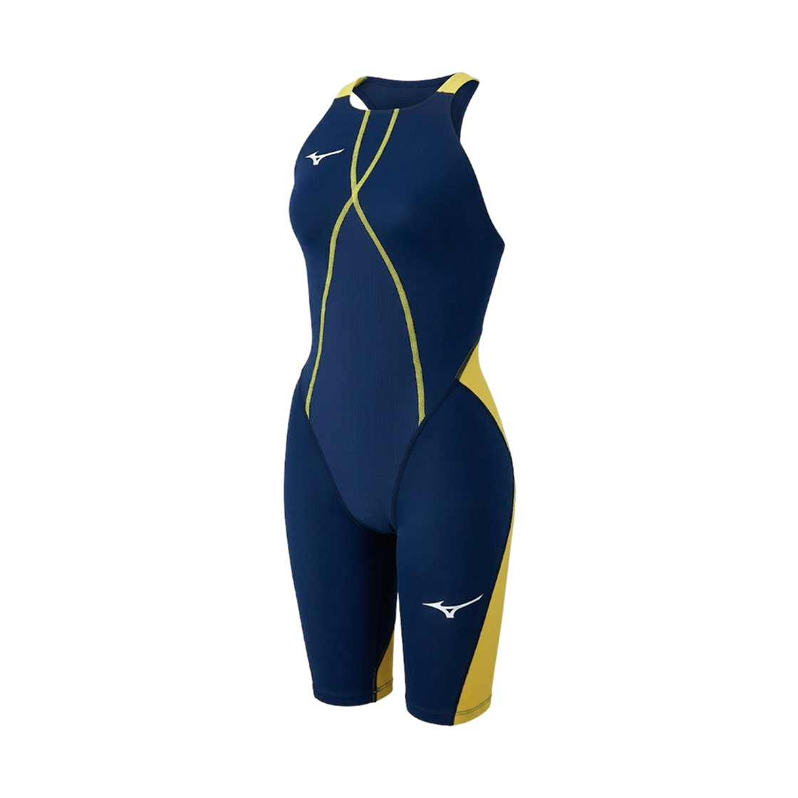 (W) 미즈노 GX 소닉 듀얼 경영용 하프 수트 네이비 사이버 옐로우((W) Mizuno GX Sonic Dual Competitive Swimming Half Suit Navy Cyber Yellow)