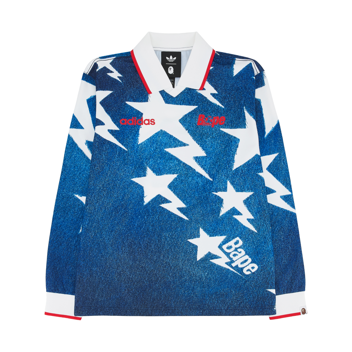 아디다스 x 베이프 롱슬리브 스탠다드 저지 미디움 블루 데님 - KR 사이즈(Adidas x BAPE Long Sleeve Standard Jersey Medium Blue Denim - KR Sizing)
