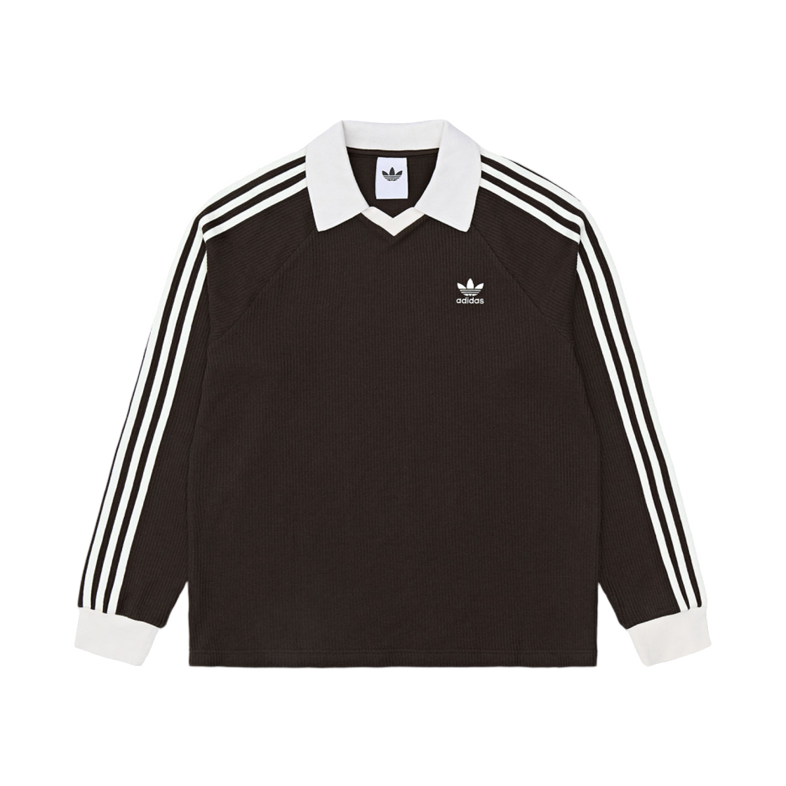 아디다스 와플 롱슬리브 폴로 티셔츠 다크 브라운 - KR 사이즈(Adidas Waffle Long Sleeve Polo T-Shirt Dark Brown - KR Sizing)