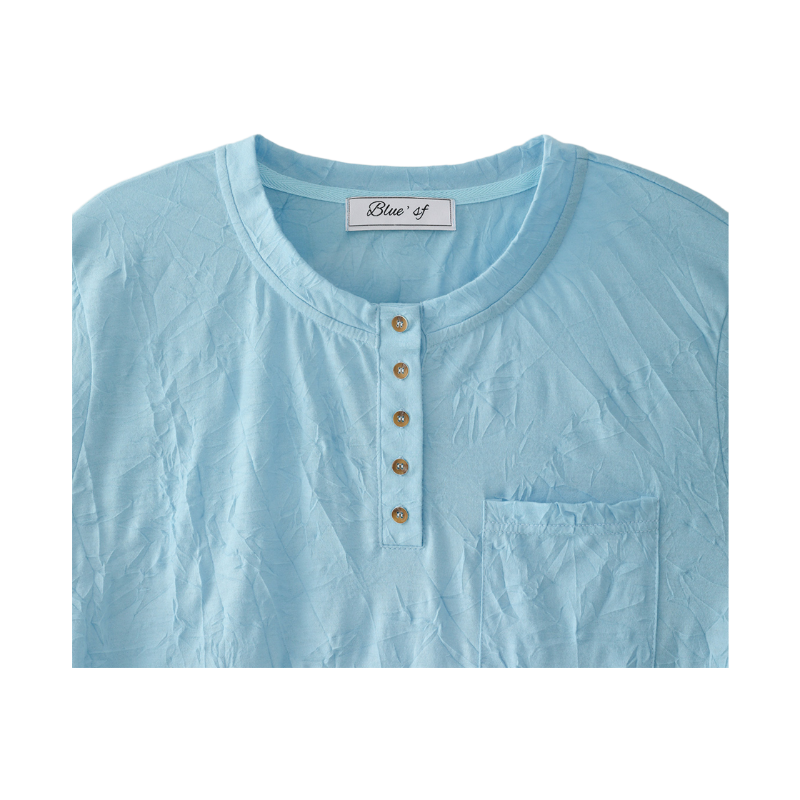블루 선플라워 텍스쳐 헨리넥 반팔티셔츠 블루(Blue Sunflower Texture Henley Half Tee Blue) - 4