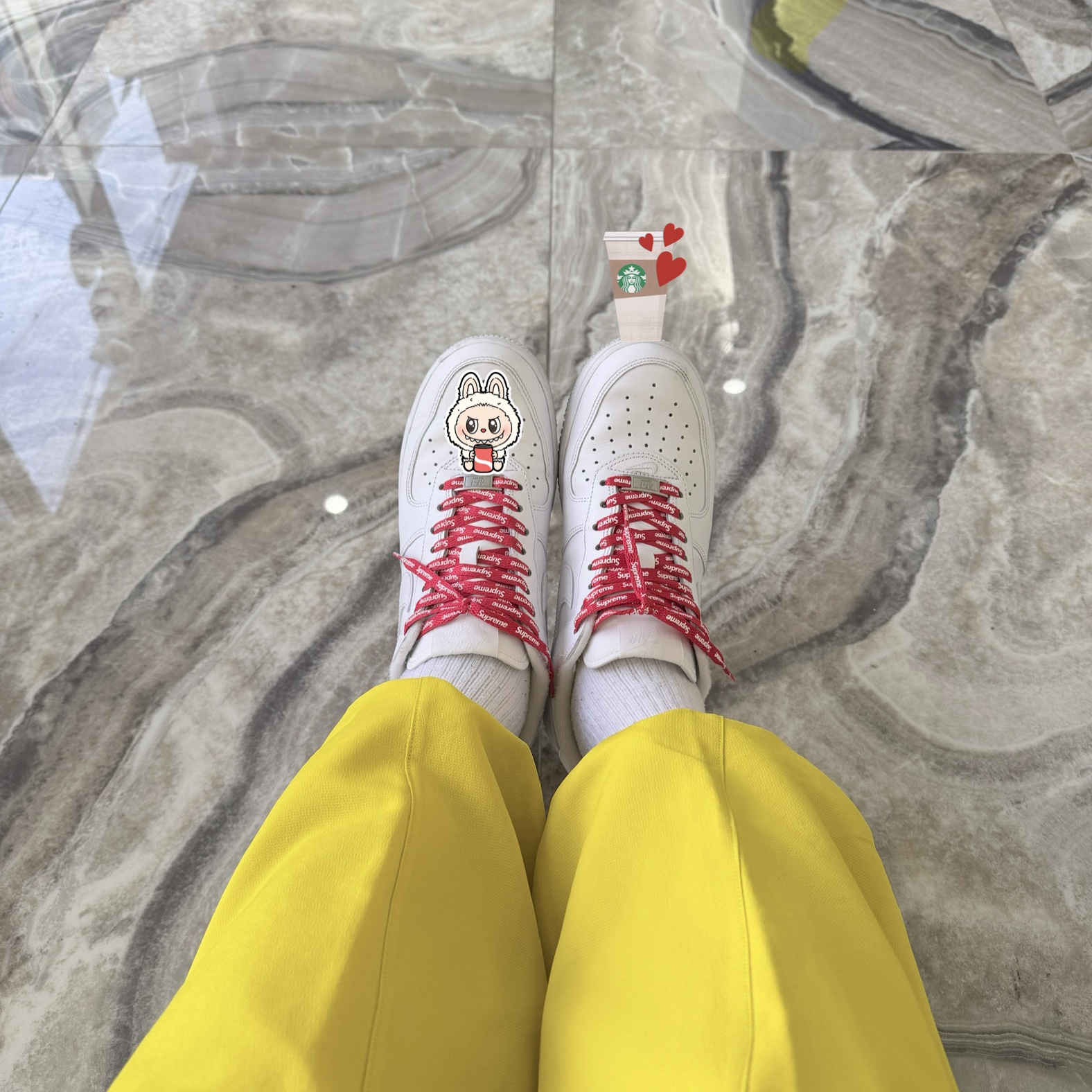 Supreme x Nike Track Pant Yellow - 25SS, Nike x Supreme Air Force 1 Low White 착용 스타일 - 1