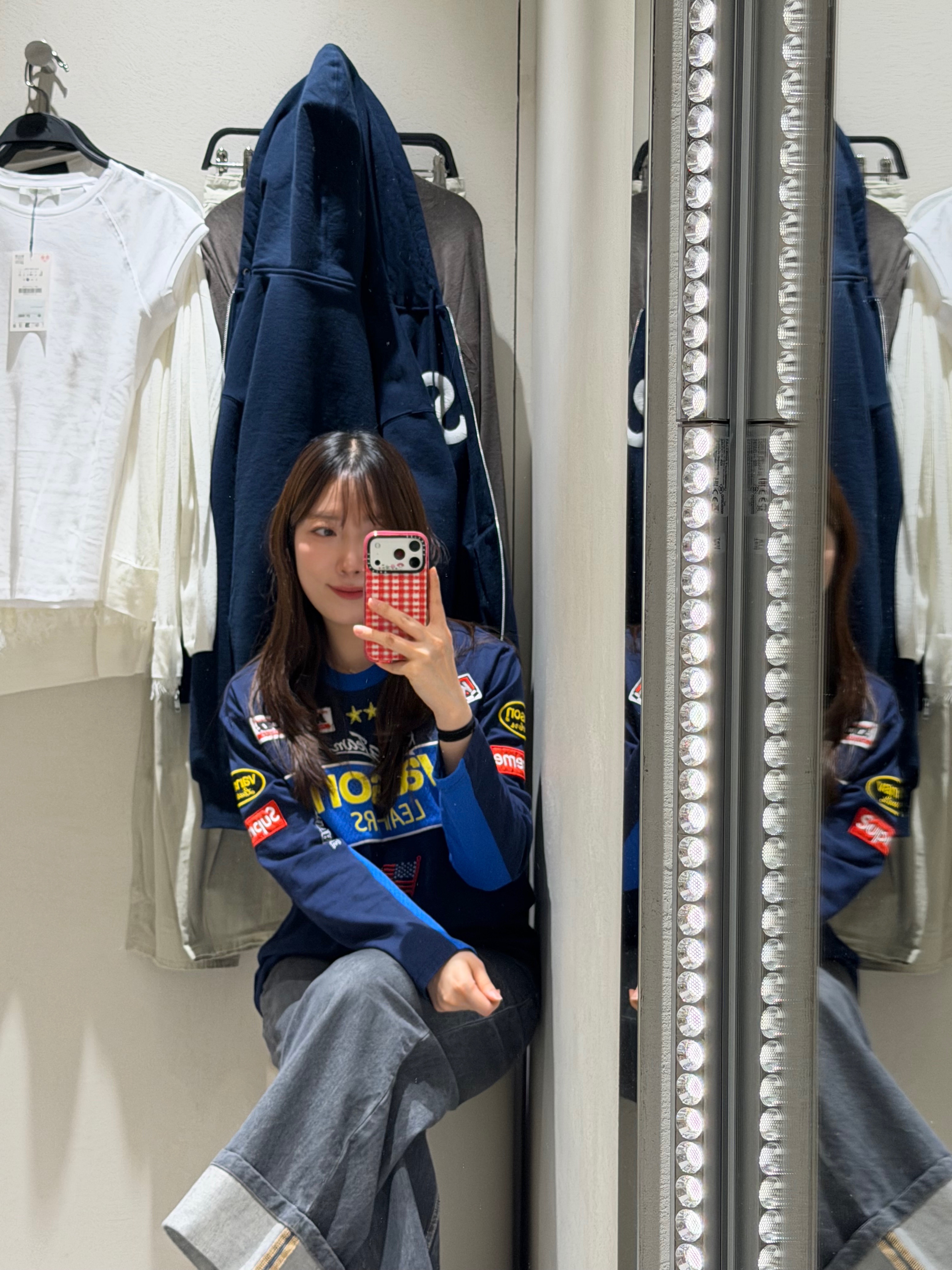 Supreme x Vanson Leathers L/S Top Navy - 26SS, Supreme S Logo Zip Up Hooded Sweatshirt Navy - 24FW 착용 스타일 - 1