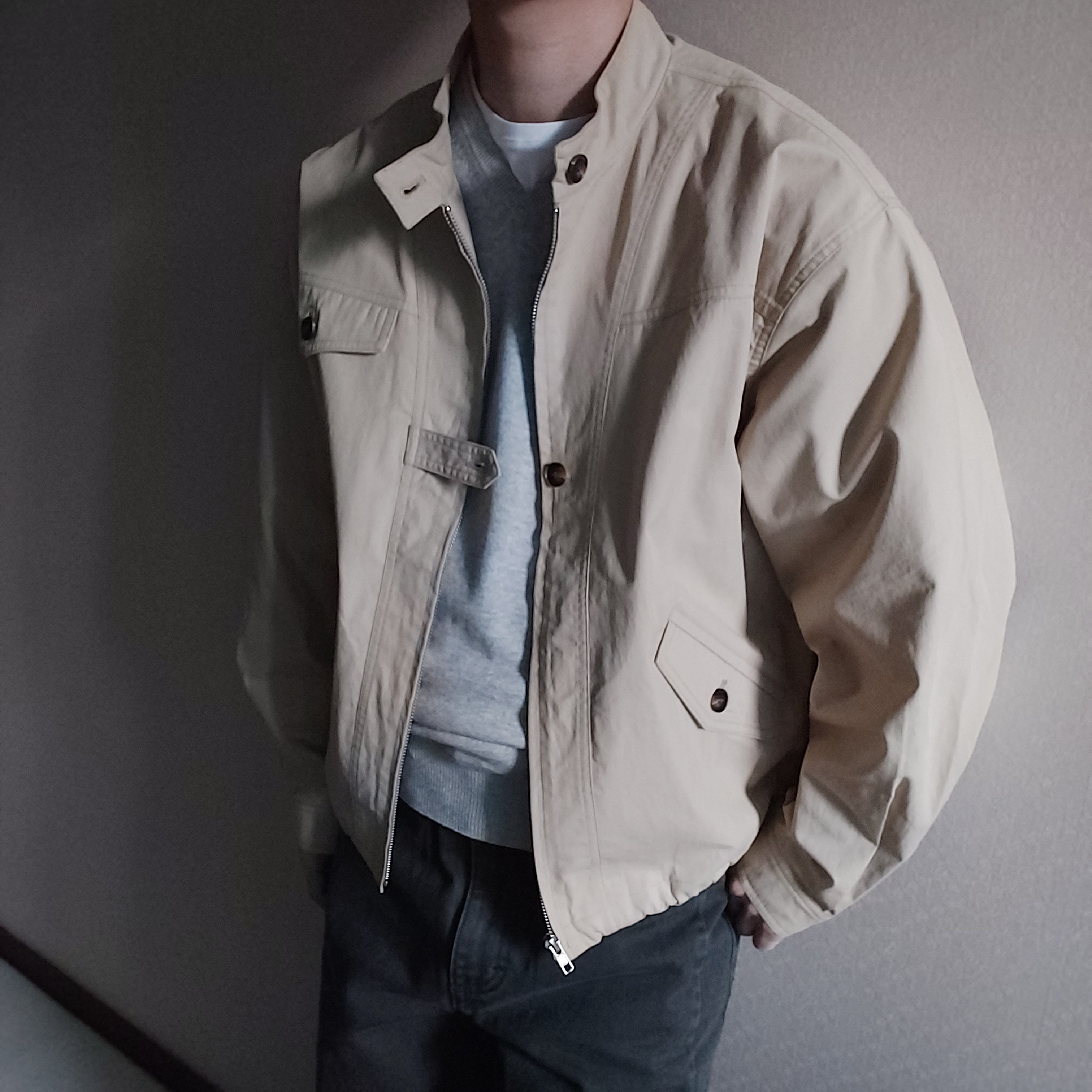 aetoa Pocket Blouson Jacket Beige, Millo Archive Slope Wide Pants Grayish Green 착용 스타일 - 4