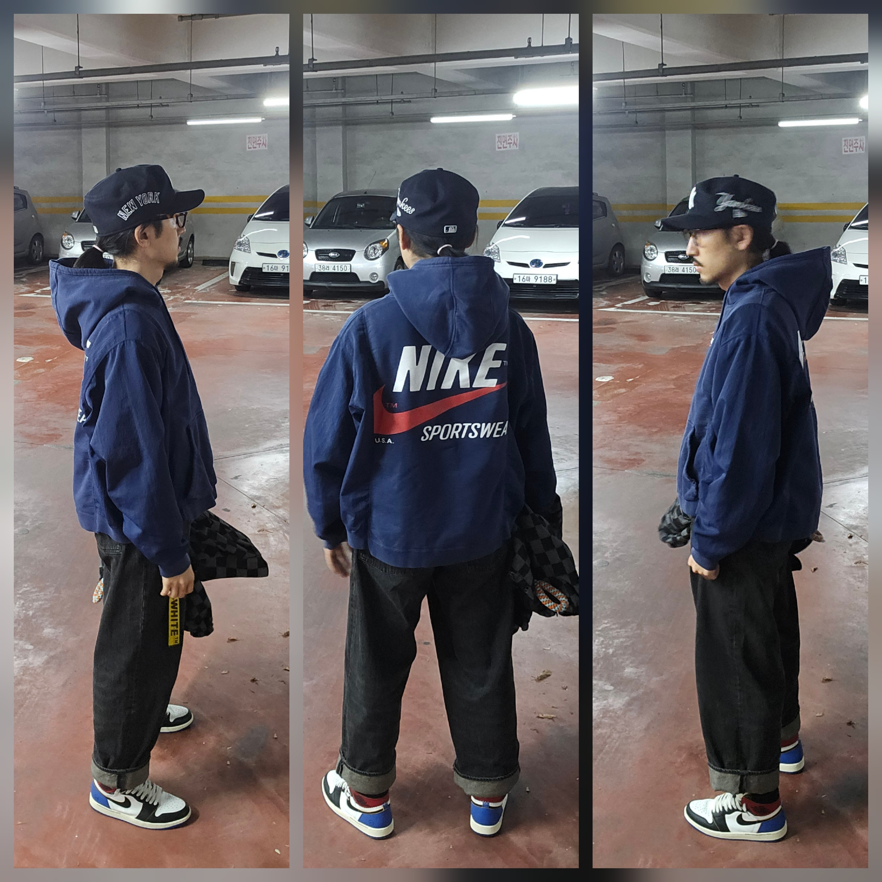 Levi's x Jordan Baggy Jean Black, Off-White Classic Industrial Belt Yellow 착용 스타일