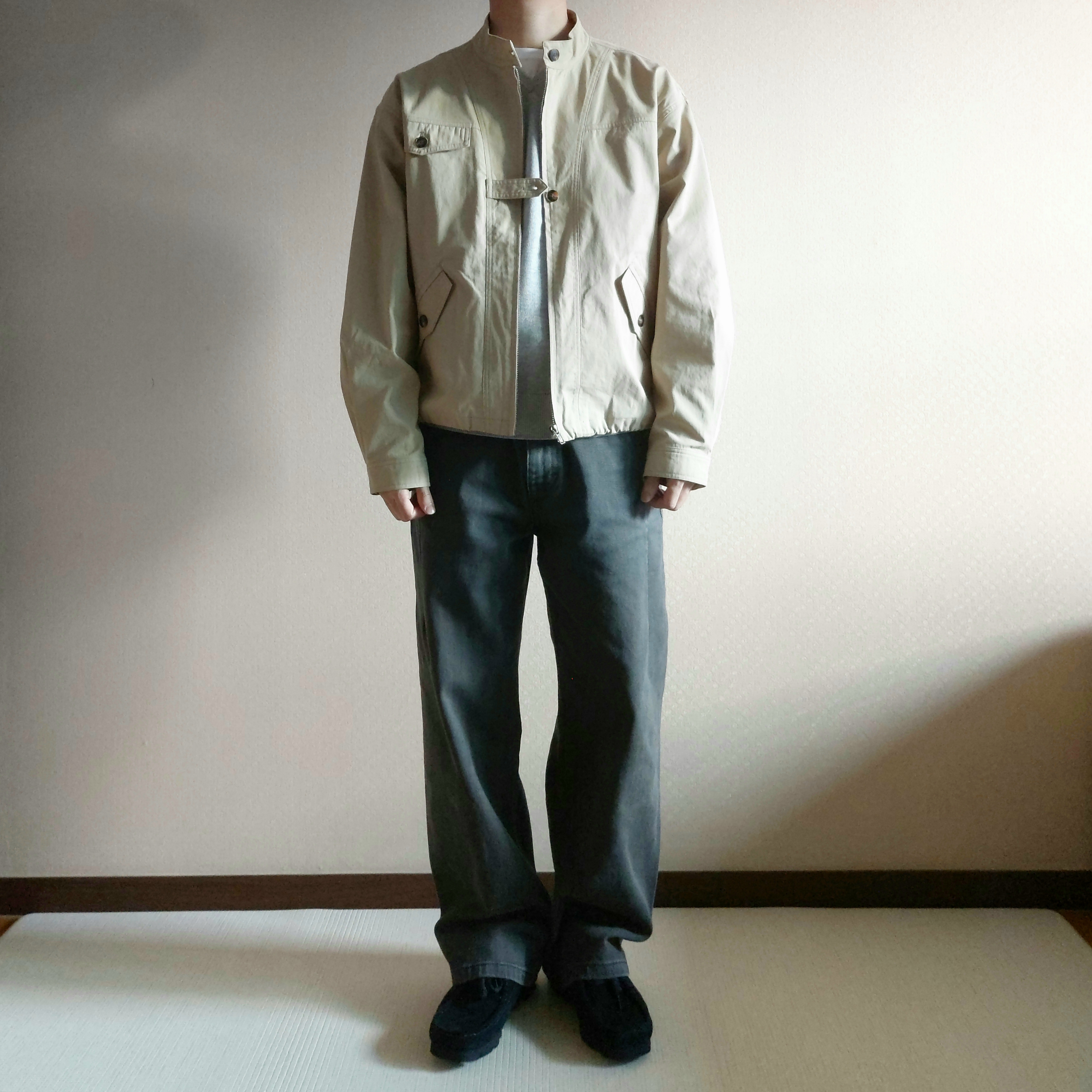 aetoa Pocket Blouson Jacket Beige, Millo Archive Slope Wide Pants Grayish Green 착용 스타일 - 2