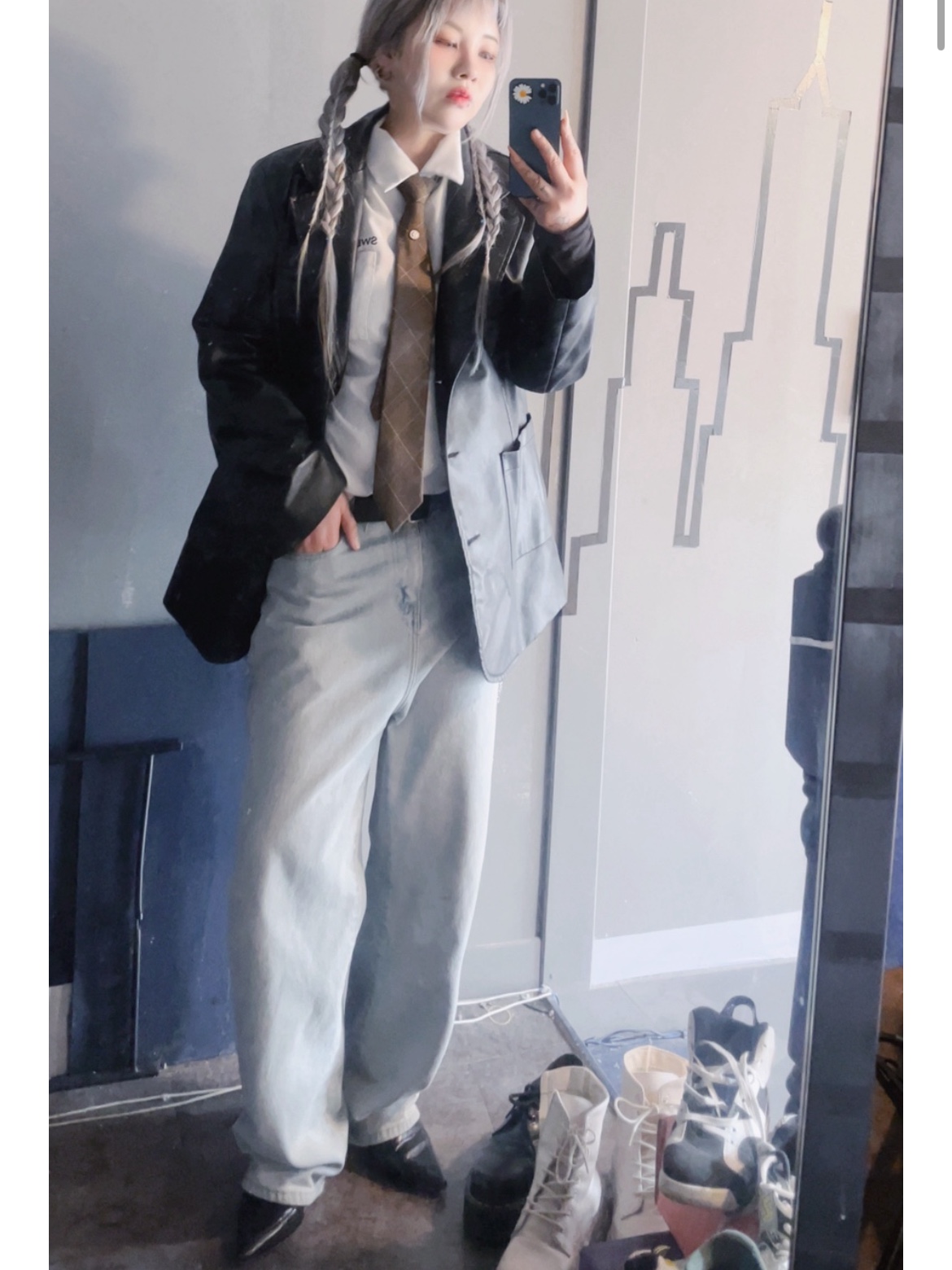 Toga Archives x Dickies Jumpsuit Dickies SP Black, Levi's 505 Regular Fit Jeans Light Indigo 착용 스타일 - 1