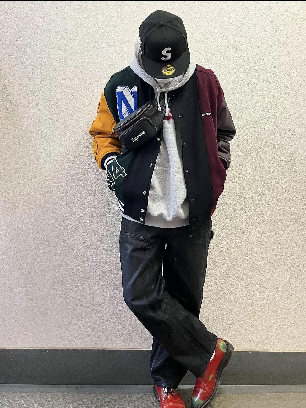 Supreme x MM6 Maison Margiela Split Varsity Jacket Multicolor - 24SS, Dr. Martens x Palace 1461 Red 착용 스타일 - 4