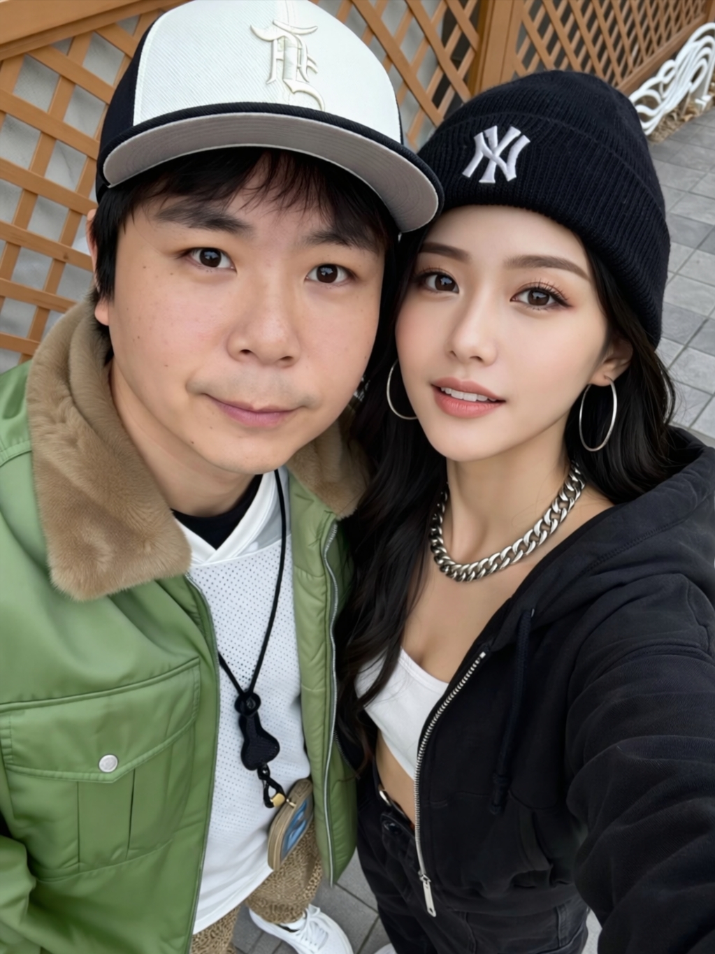 Essentials x New Era 59FIFTY Fitted Cap Cream Black, Human Made Military Card Case Beige 착용 스타일