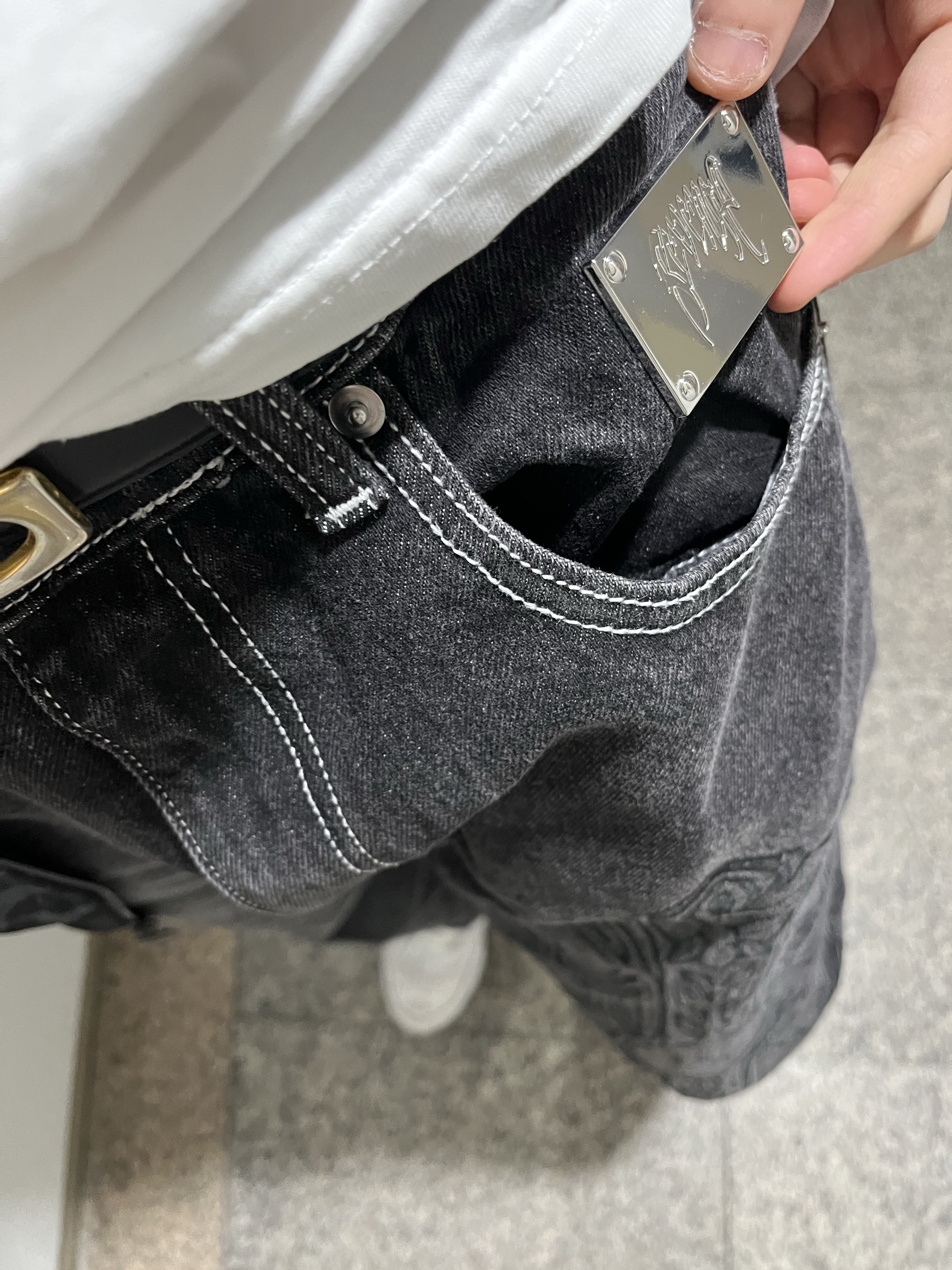 Revenge Spike Cross Embroidered Denim Pant Black - 25SS, Adidas x BAPE Allover Print Track Top Black - US Sizing 착용 스타일 - 3