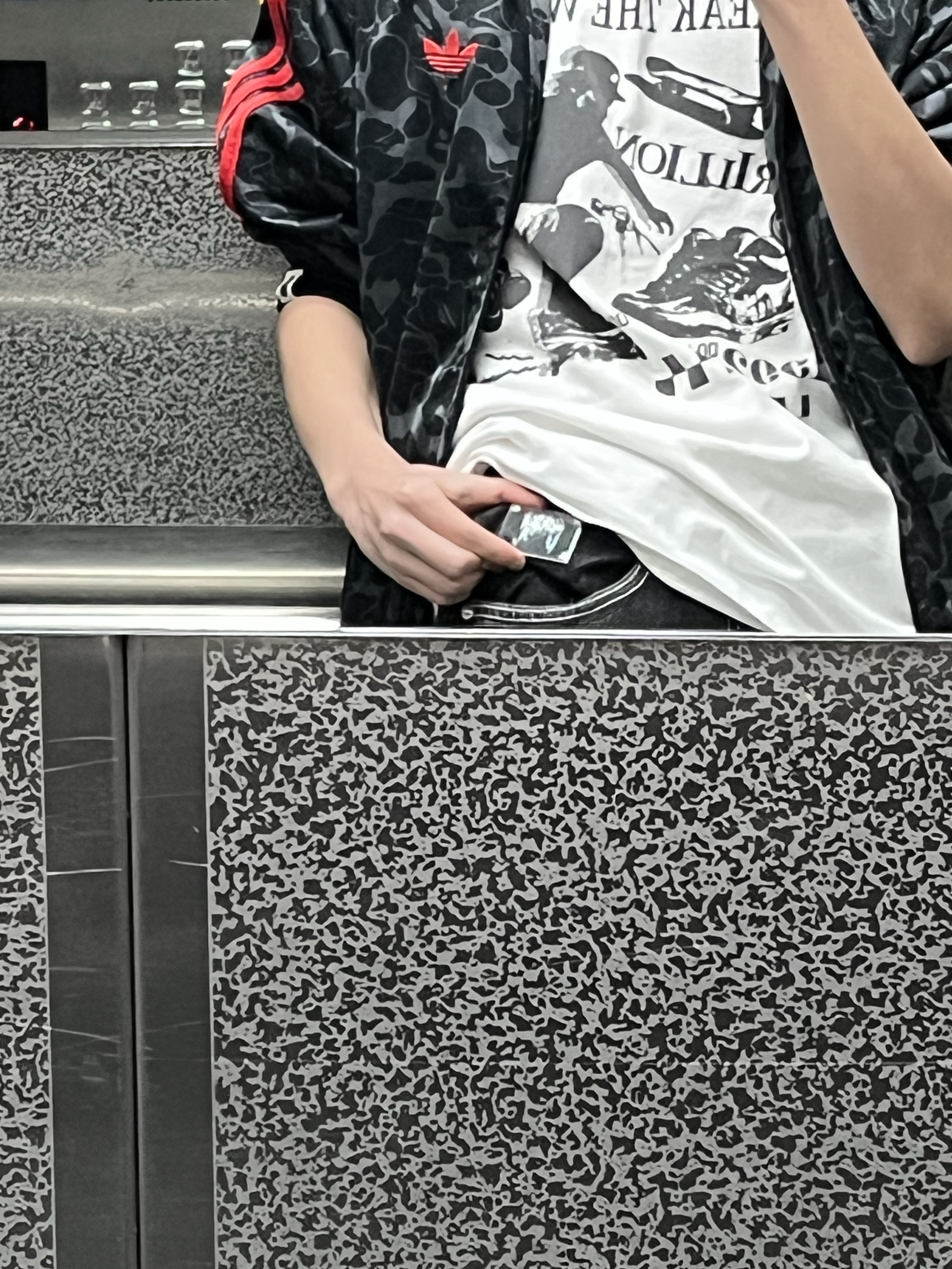 Revenge Spike Cross Embroidered Denim Pant Black - 25SS, Adidas x BAPE Allover Print Track Top Black - US Sizing 착용 스타일 - 2