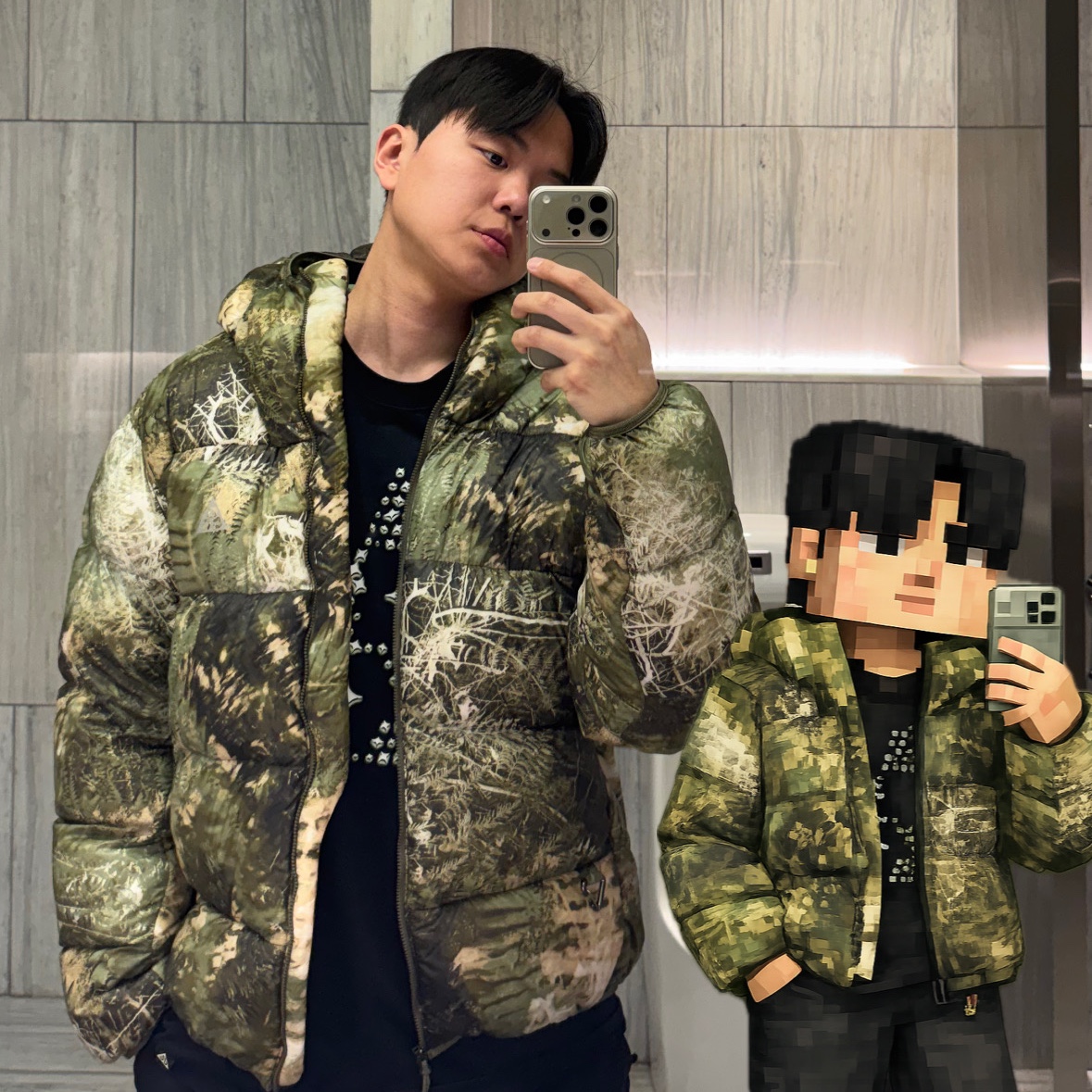 Nike ACG Therma-Fit ADV Lunar Lake Puffer Loose Hooded Jacket Oil Green Medium Olive - Asia, Nike ACG Long Sleeve T-Shirt Black - Asia 착용 스타일