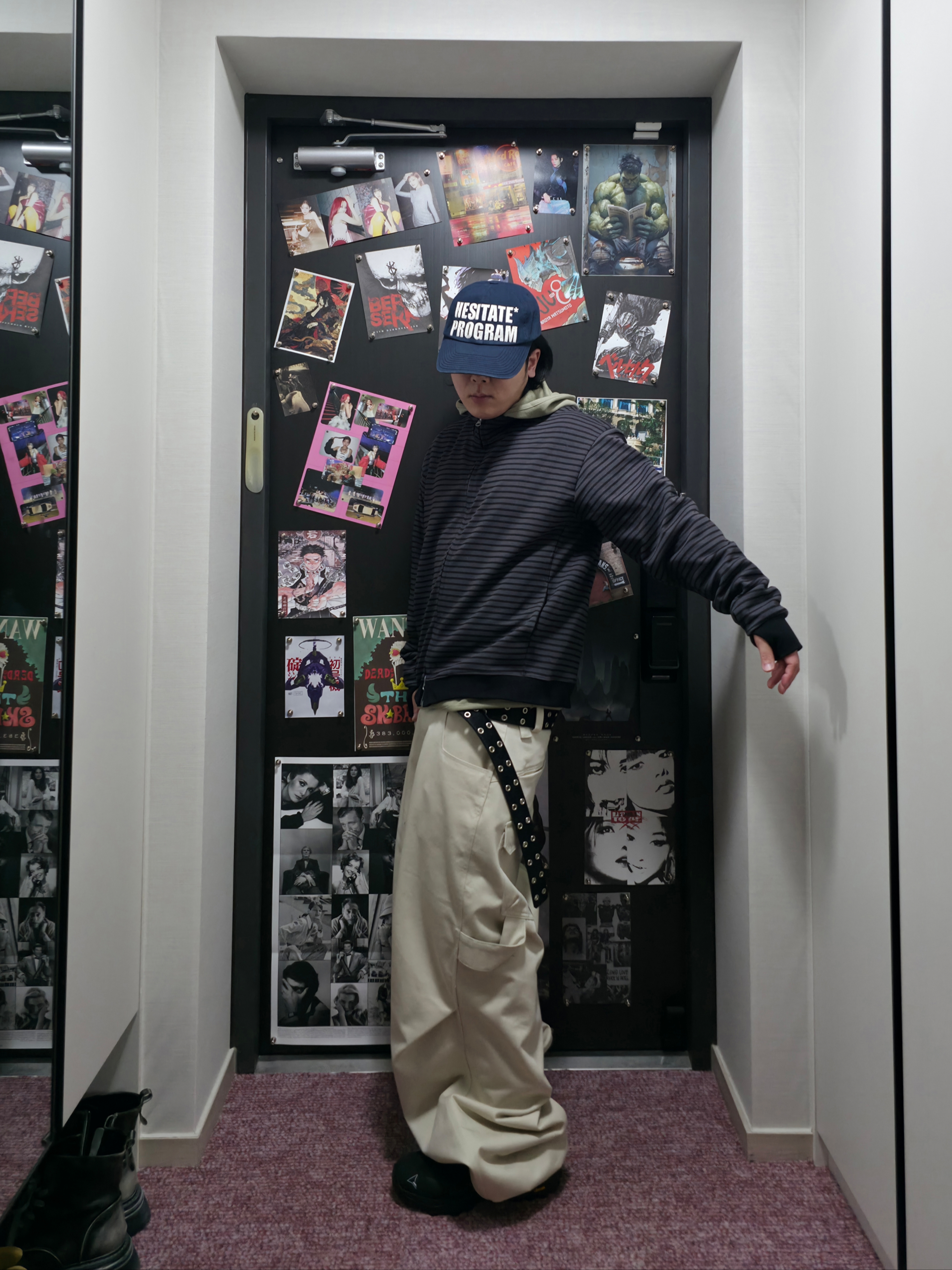 Kamien 247 All Day Baggy Pants Light Beige, Kamien x MJD Double Hole Belt Black Shearling Calfskin 착용 스타일 - 1