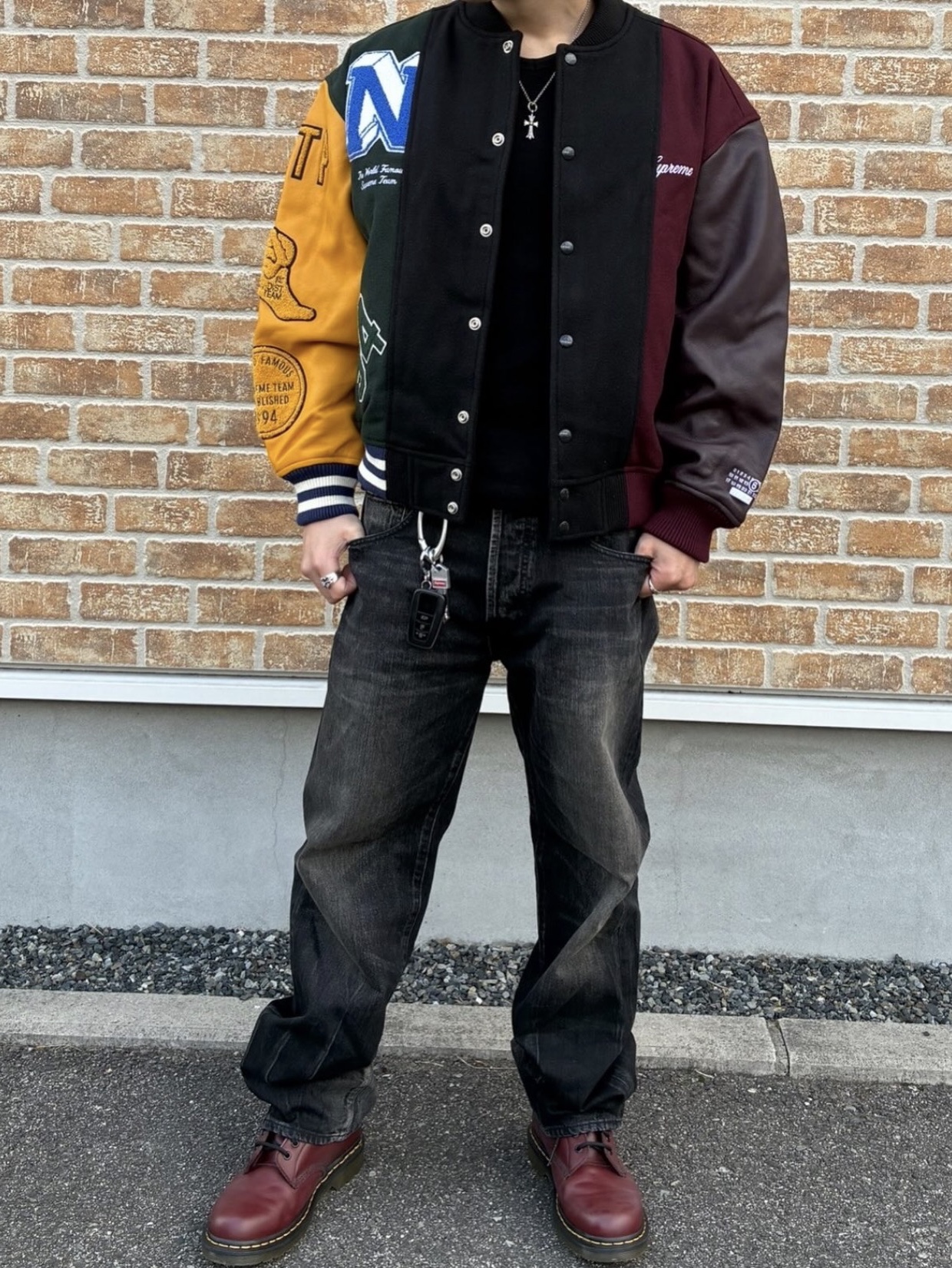 Supreme x MM6 Maison Margiela Split Varsity Jacket Multicolor - 24SS, Dr. Martens x Palace 1461 Red 착용 스타일 - 1