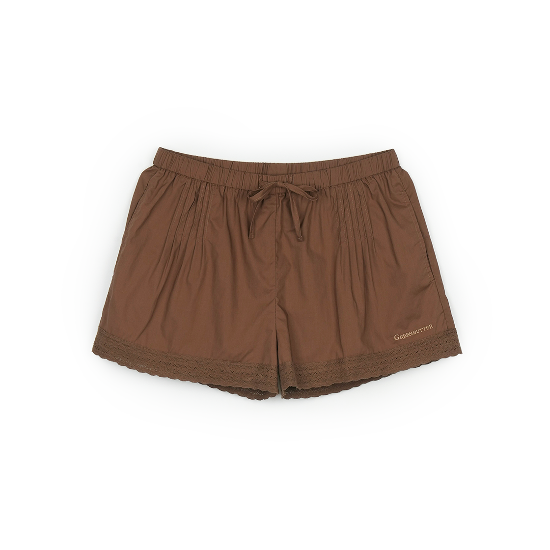 P0000BIR Greenbutter Pintuck Lace Trim Shorts Brown