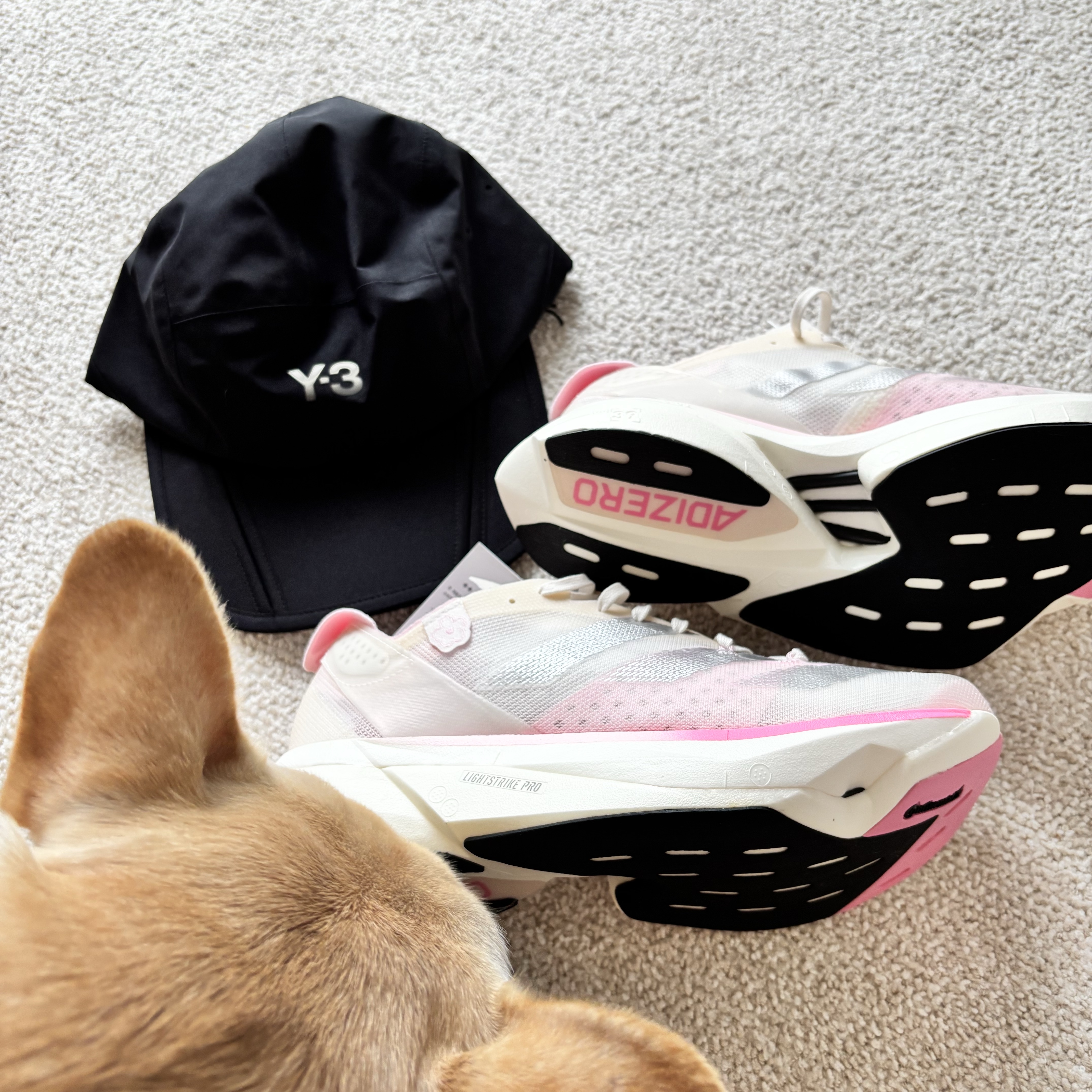 (W) Adidas Adizero Adios Pro 3 Chalk White Clear Pink, Y-3 Running Cap Black 착용 스타일