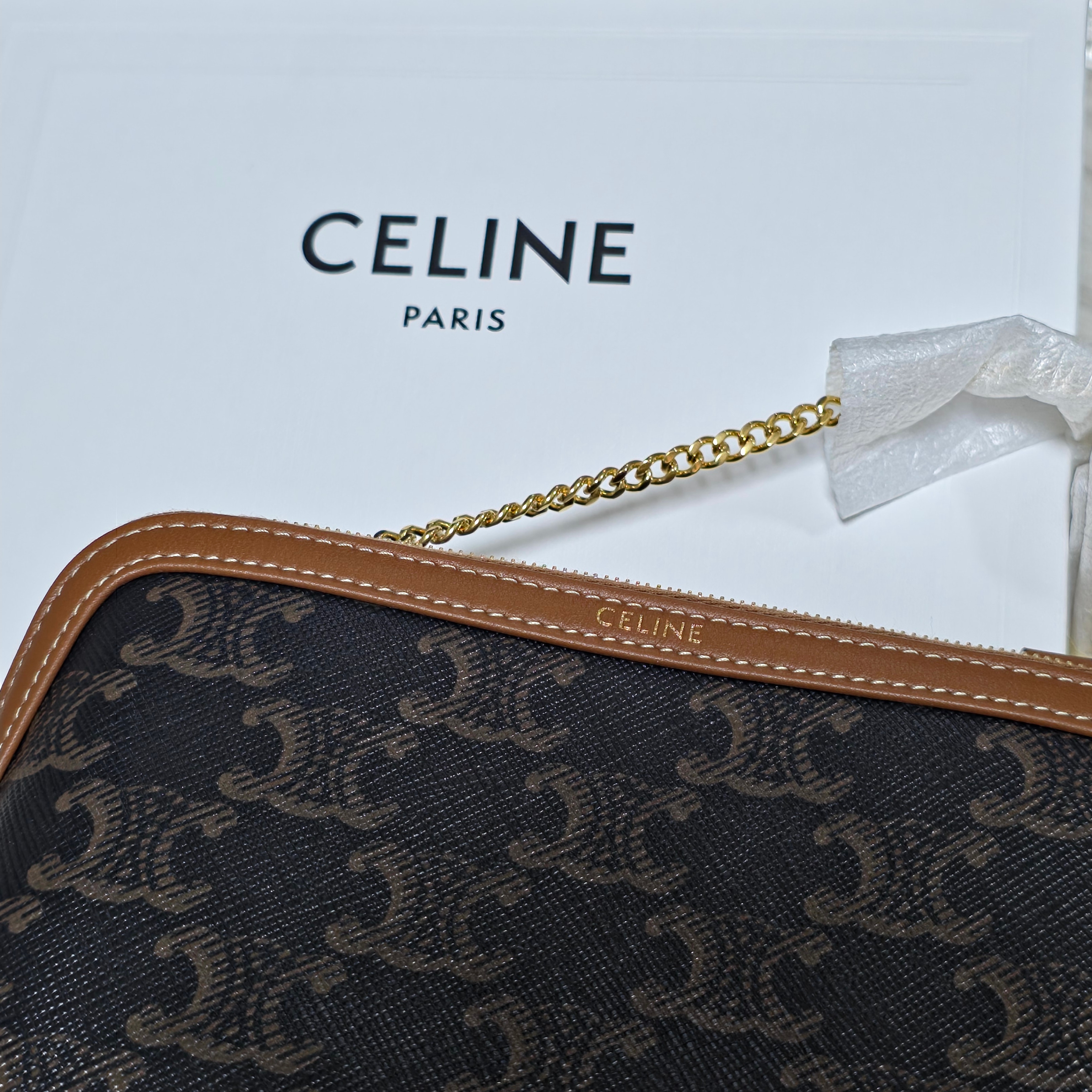 Celine Clutch with Chain in Triomphe Canvas and Lambskin Tan 착용 스타일 - 2