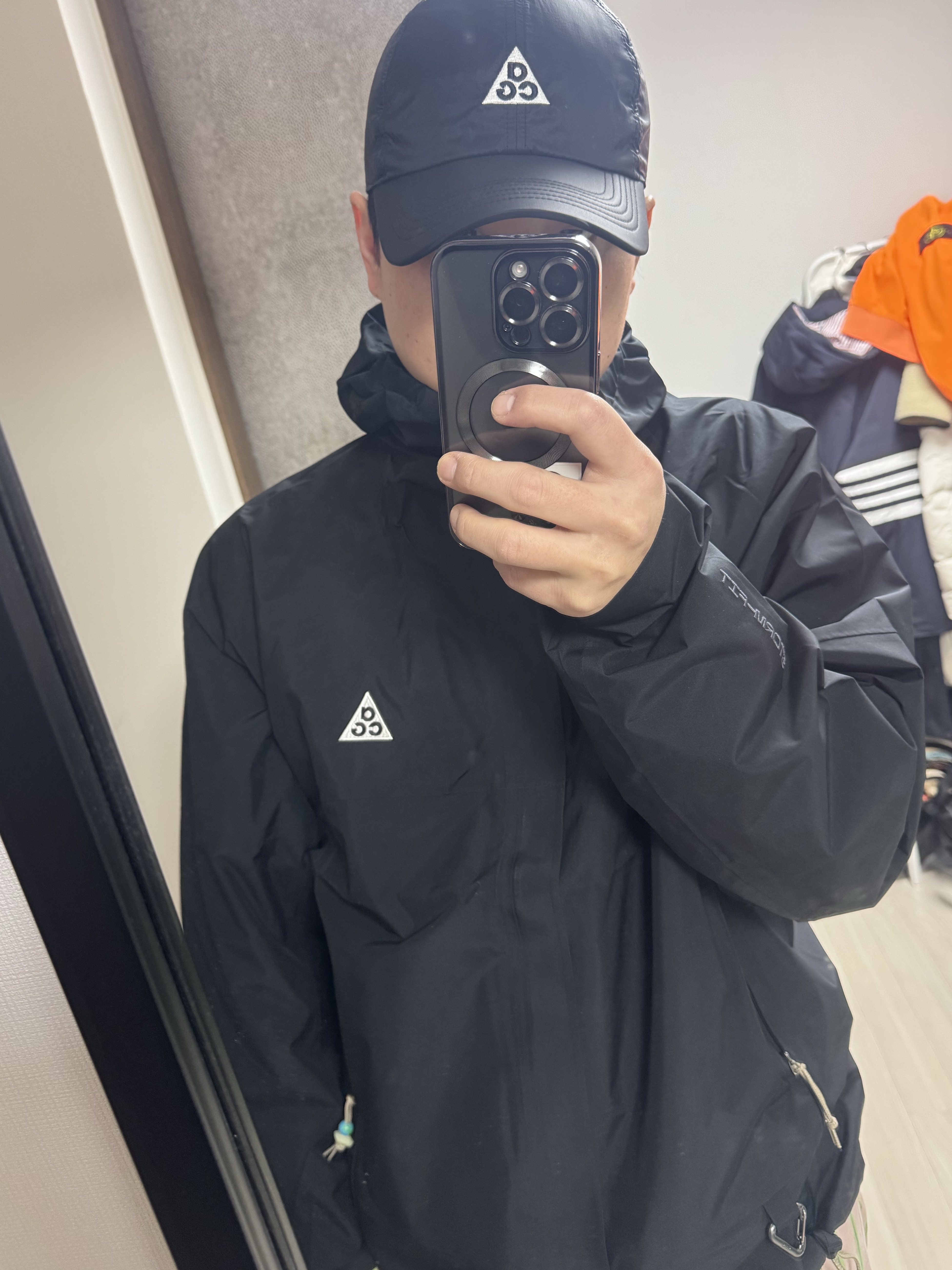 Nike ACG Storm-Fit ADV Cascade Rains Full Zip Jacket Black - Asia, Nike ACG Trail Cap Black 착용 스타일