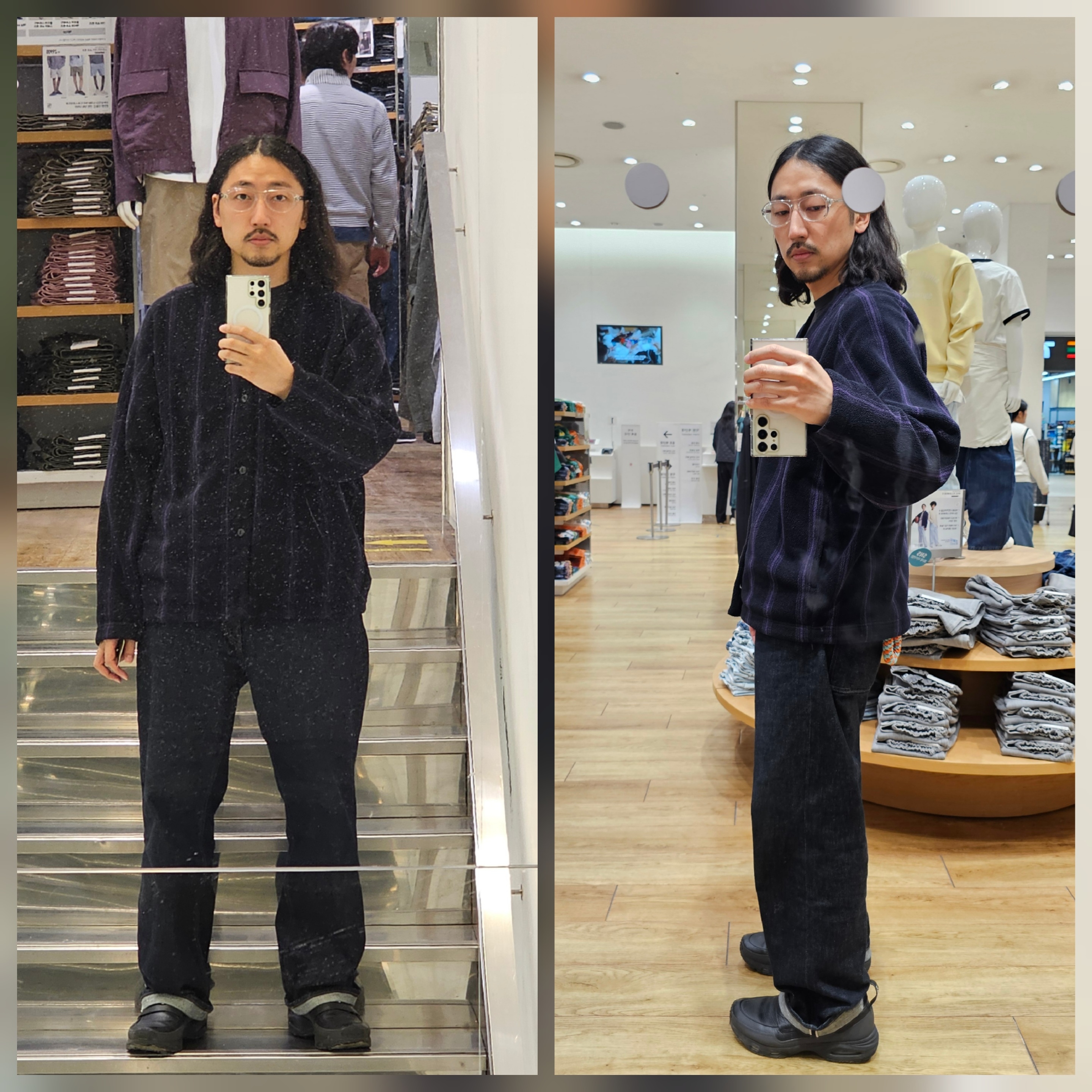 Gentle Monster Ego C1 Translucent Clear, Uniqlo x Needles Fleece Oversized Cardigan Black - KR 착용 스타일