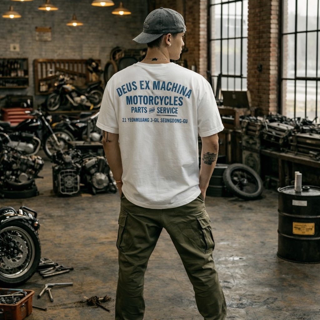 Deus Ex Machina Seongsu Address T-Shirt White Midnight Blue 착용 스타일