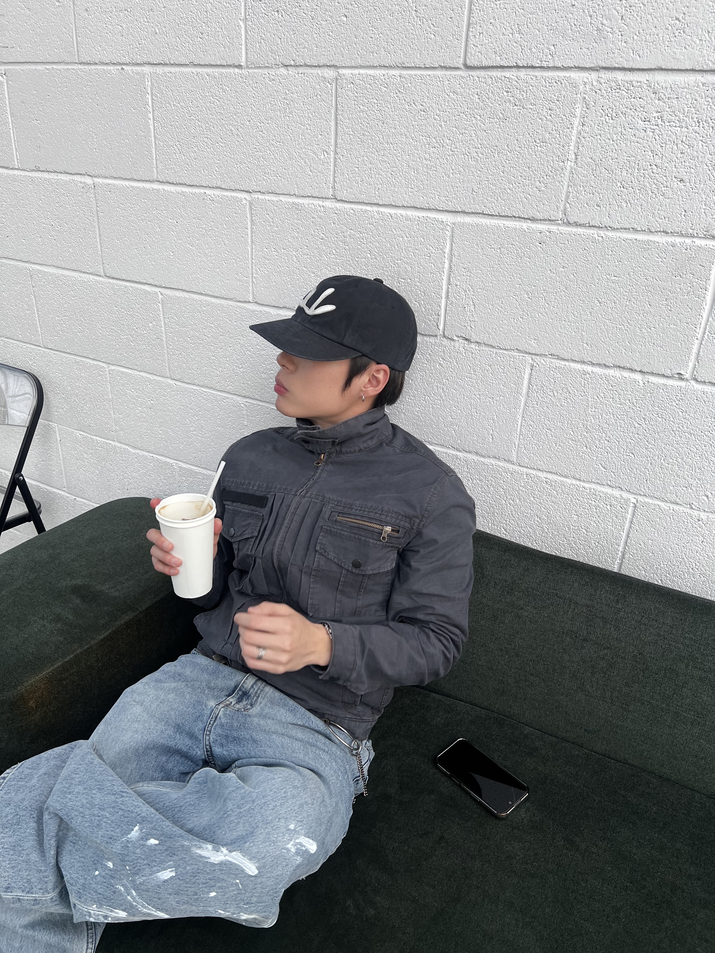 CHOWOO Vintage Washed 5 Pockets Work Jacket Washed Navy, CHOWOO Vintage Washed Downfall Cap Washed Black 착용 스타일 - 2